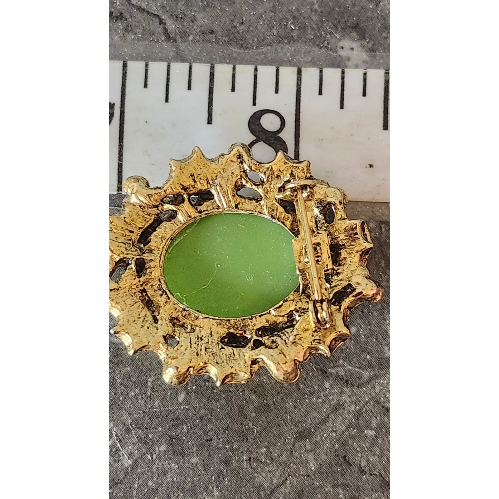 Gold Tone Cameo Brooch Vintage Green Ivory Floral Bouquet Bow Design