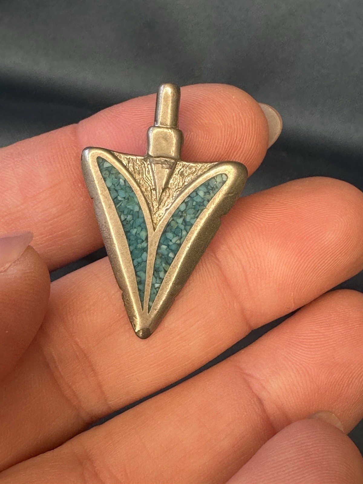 Vintage Arrowhead Amulet Pendant Unstamped Silver Plated with Turquoise Inlay