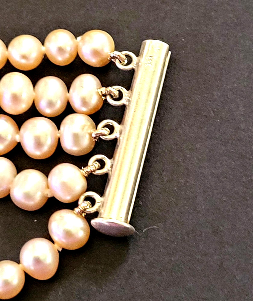 Vintage 5 Strand Pink Tinged Pearls Bracelet with Silver Slider Catch 7 1/4″