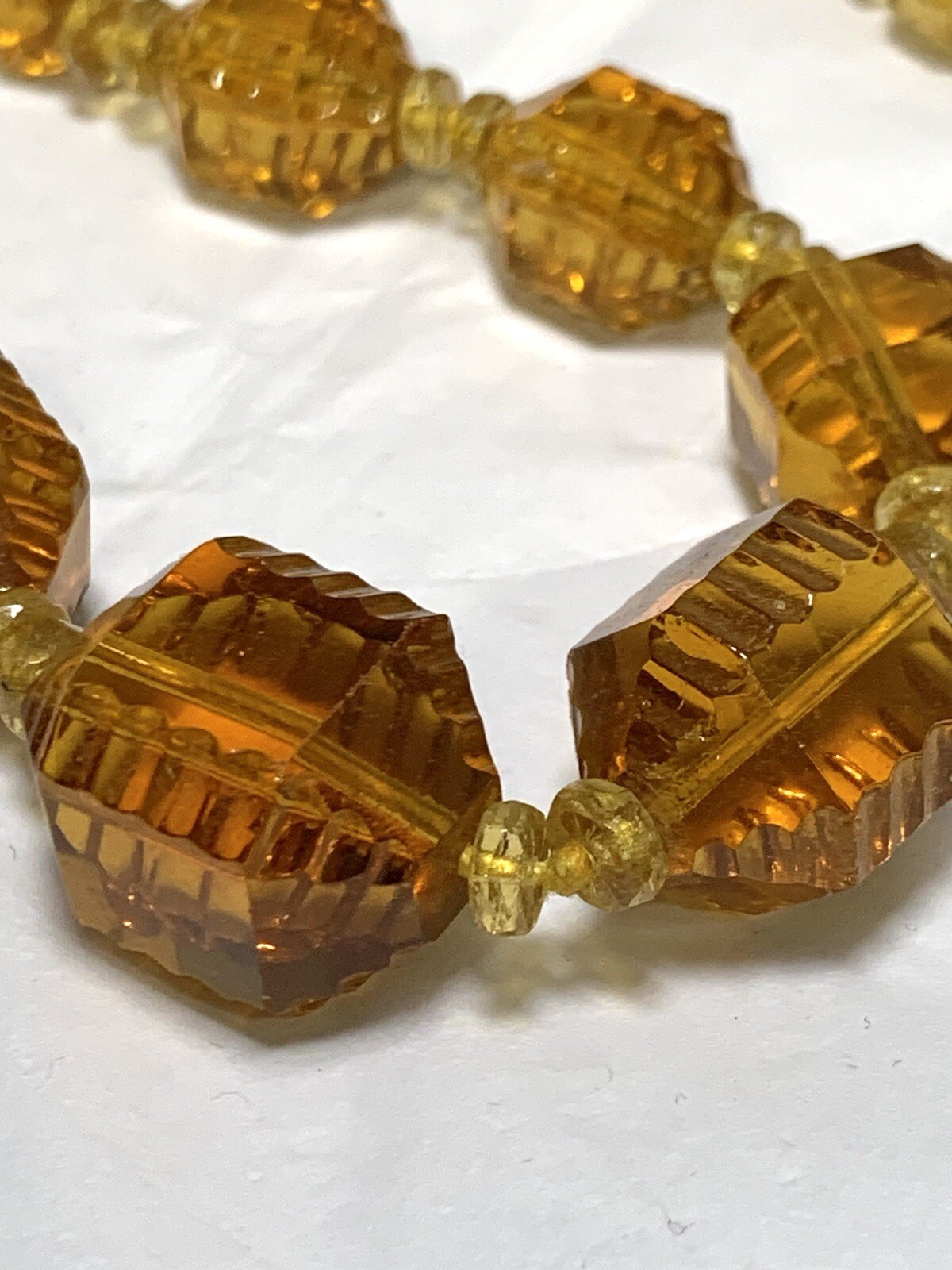 Vintage STUNNING Amber Czech Glass Lozenge Hand Knotted Beaded Necklace 36″ !