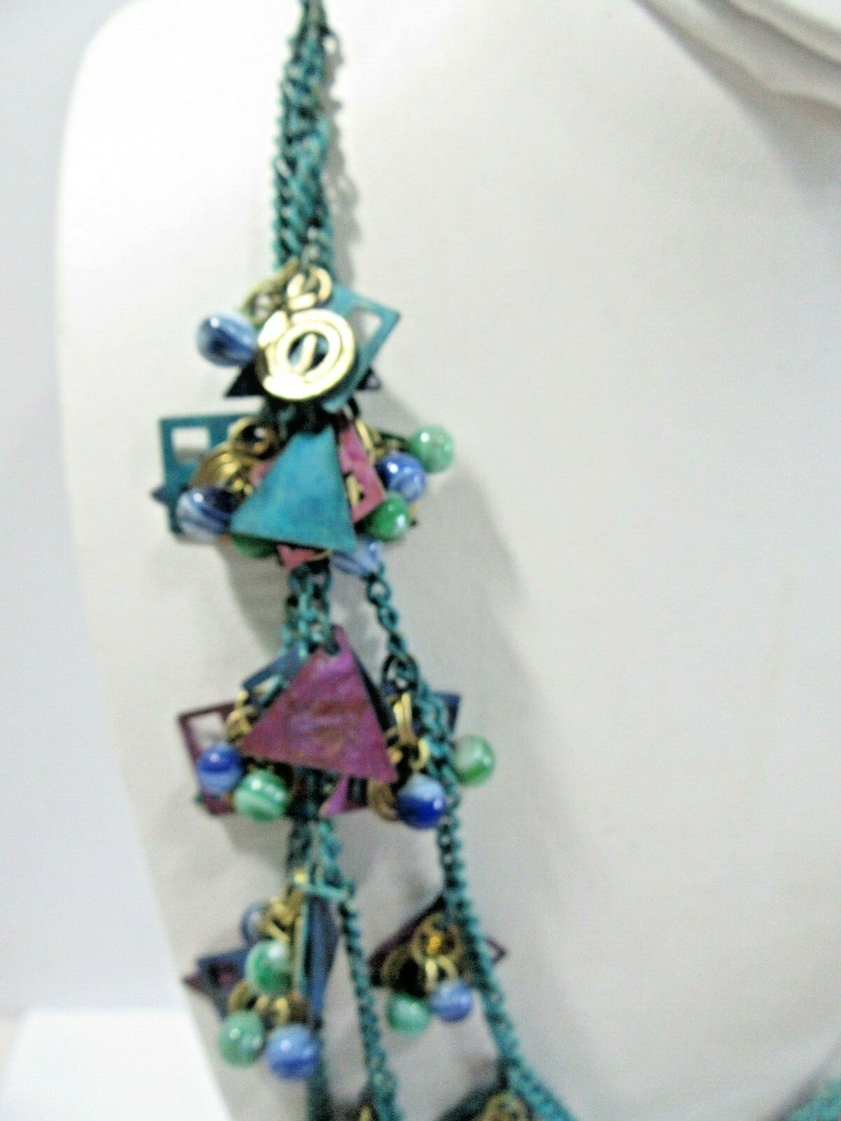 Oxidized Boho Necklace Blue Purple Dyed Metal and Glass Charms Dangles Vintage