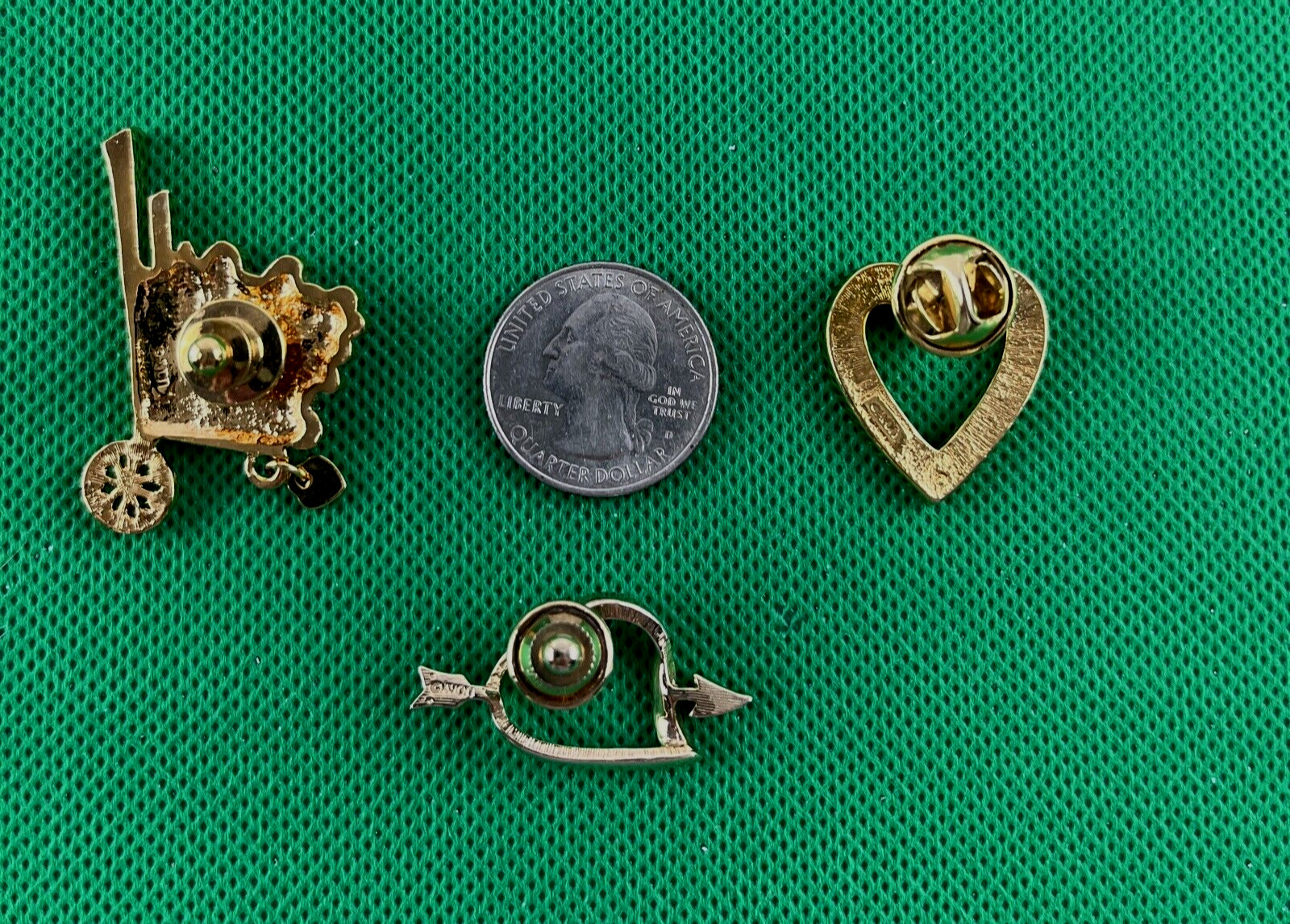 3 Vtg Avon Gold Tone Pins 2 Hearts 1 Wheelbarrow Enameled Gardner Of Love Hearts
