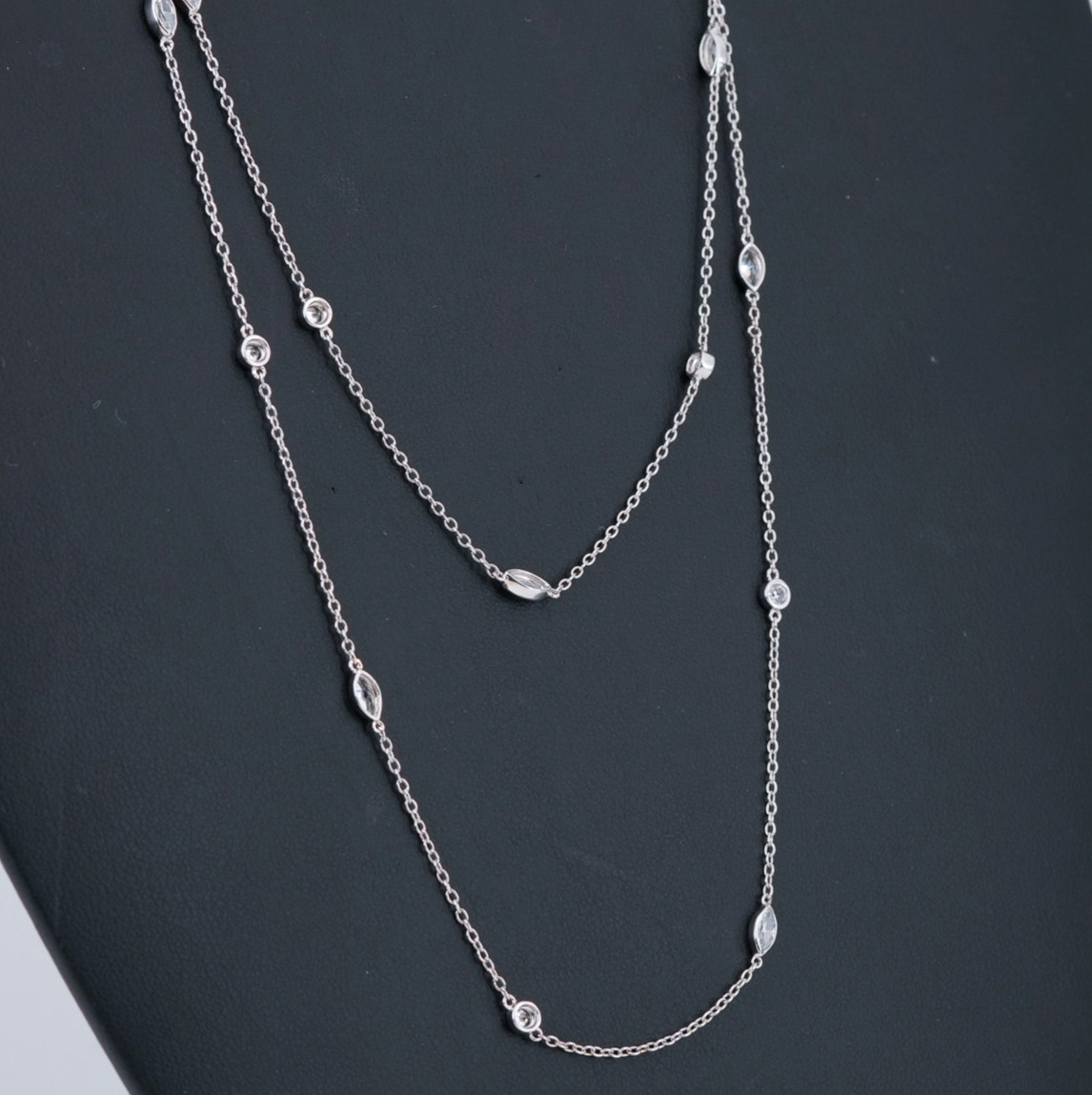 Sterling Silver CZ-by-the-Yard Station Necklace Marquise Round Open Bezel 36″