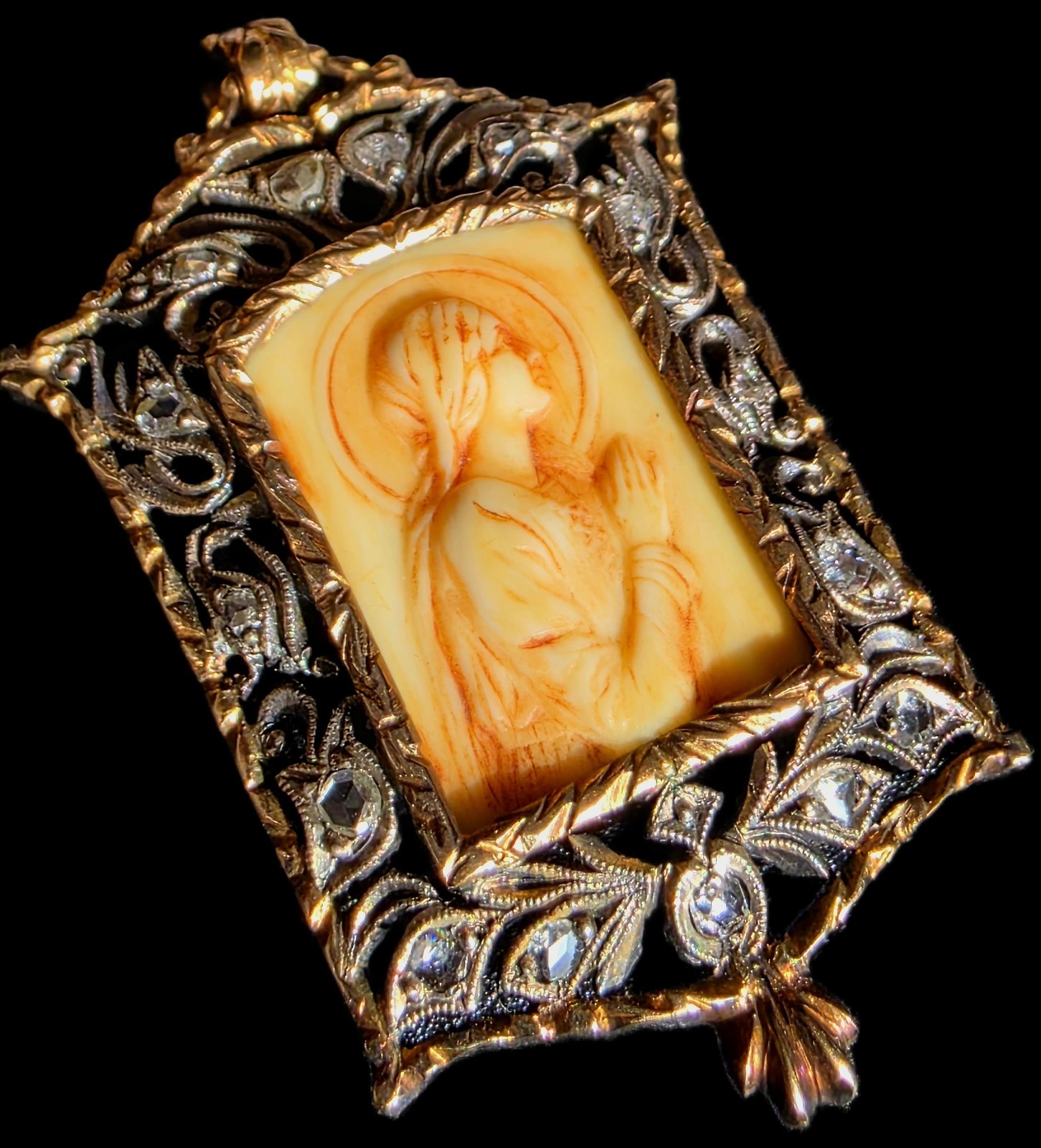 Fine Antique Art Nouveau 18K Gold Silver Diamonds Virgin Mary Pendant Ca 1900