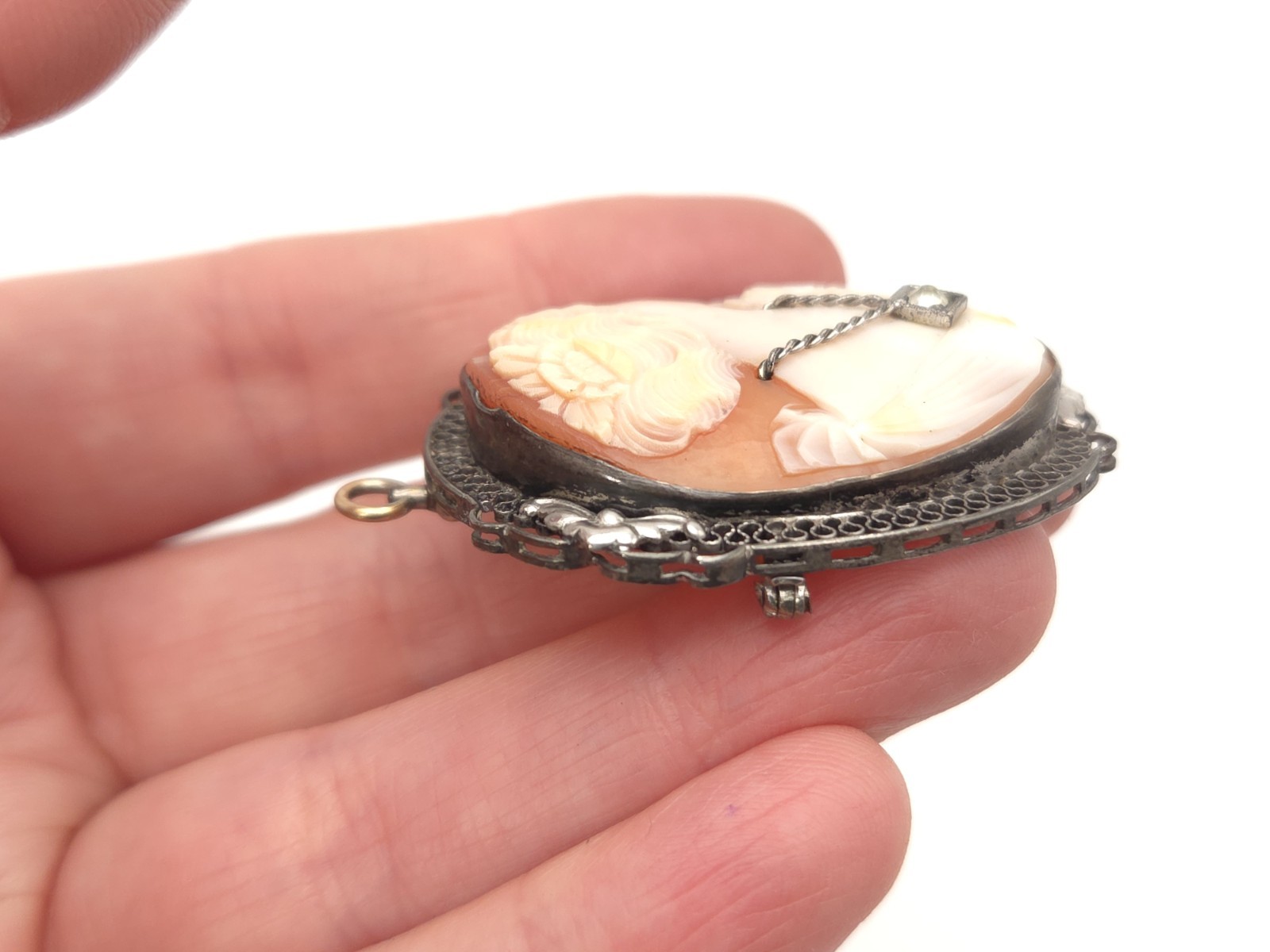 Art Deco Sterling Silver Carved Shell Habille Cameo Paste Stone Brooch Pendant