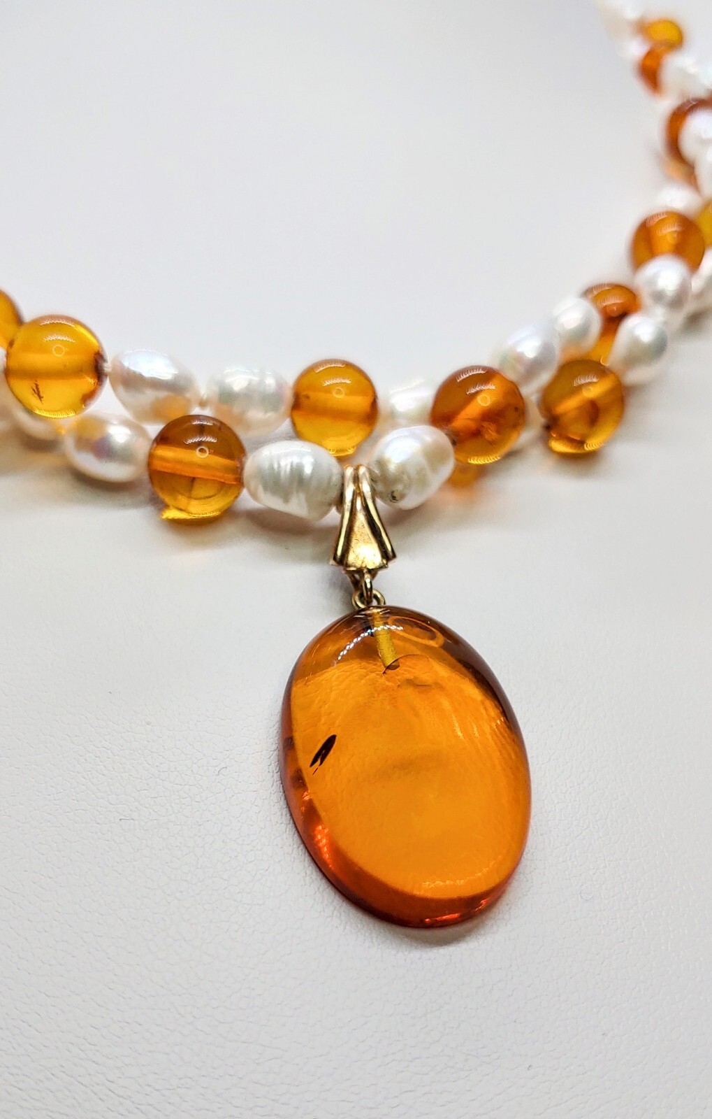 14k Gold Honey Amber Pearls Double Necklace 24″ 14k Removable Antique Pendant