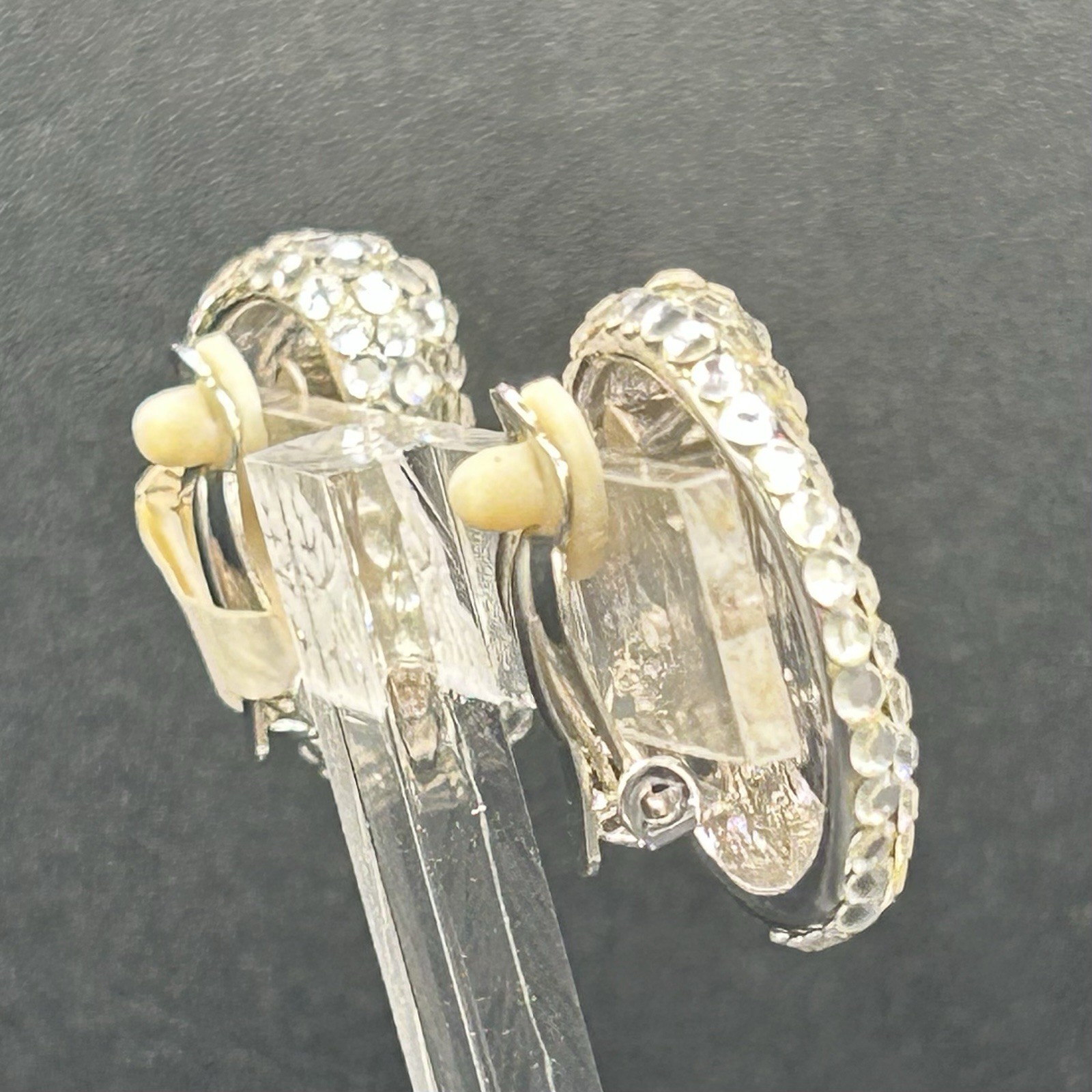 Vintage 80s 90s Rhinestone Clip On Earrings Silver Tone Clear Pave NOS