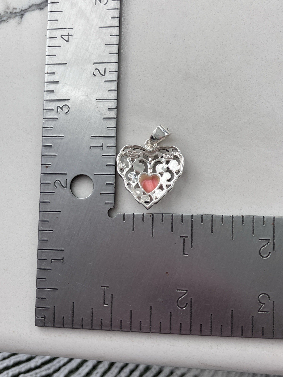 Vintage 925 Sterling Silver Pink Coral Marcasite Heart Pendant