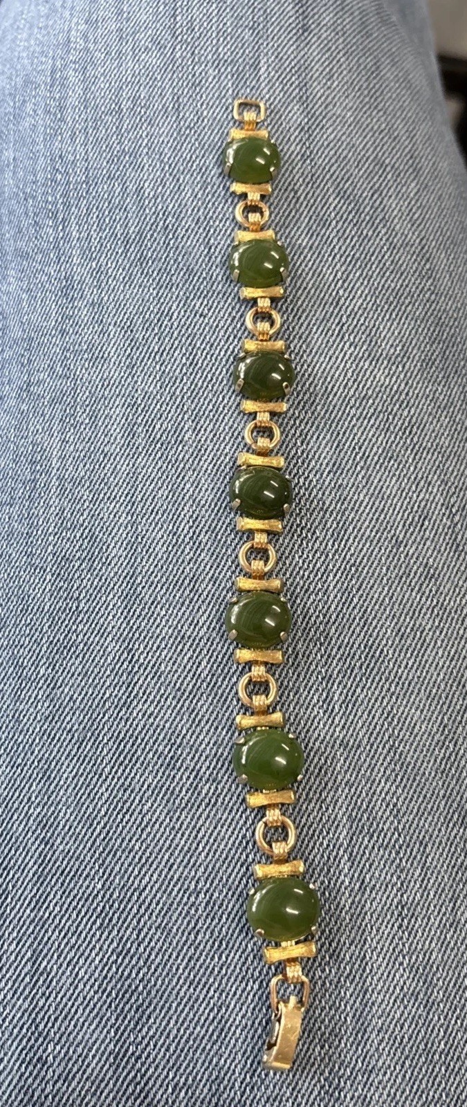 Vintage Gold tone Krementz Jade Bamboo Style Bracelet Signed 7.25”