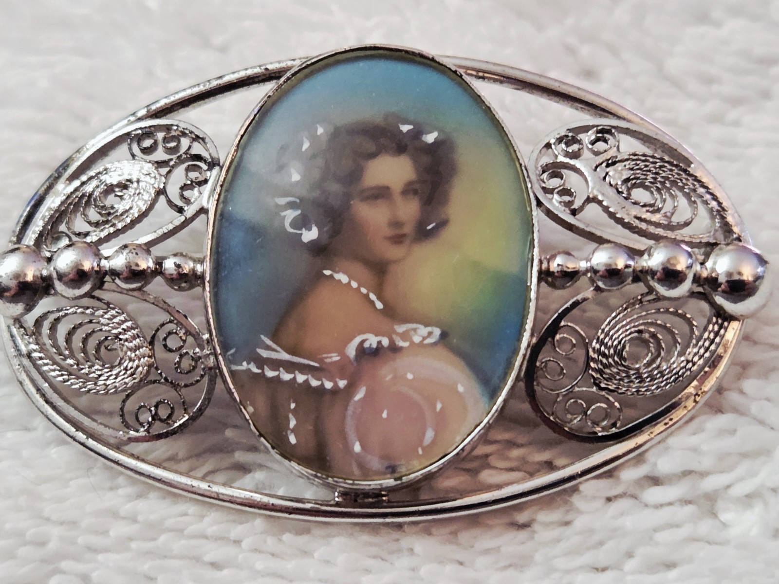 Vintage Carl Art Lady Portrait Filigree Sterling Silver 925 Brooch Pin SIGNED