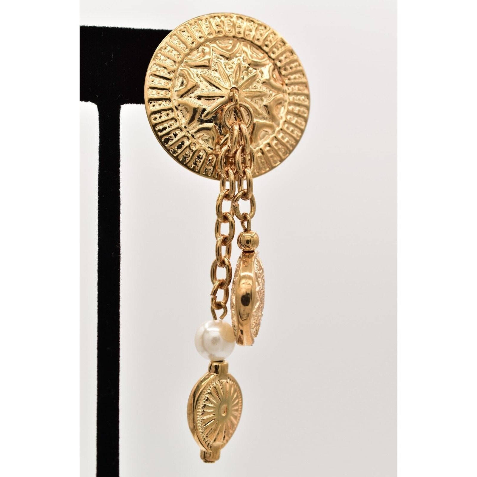Vintage Coin Dangle Chain Earrings 3″ Pearl Etruscan Gold Chunky NOS 80s BinA18