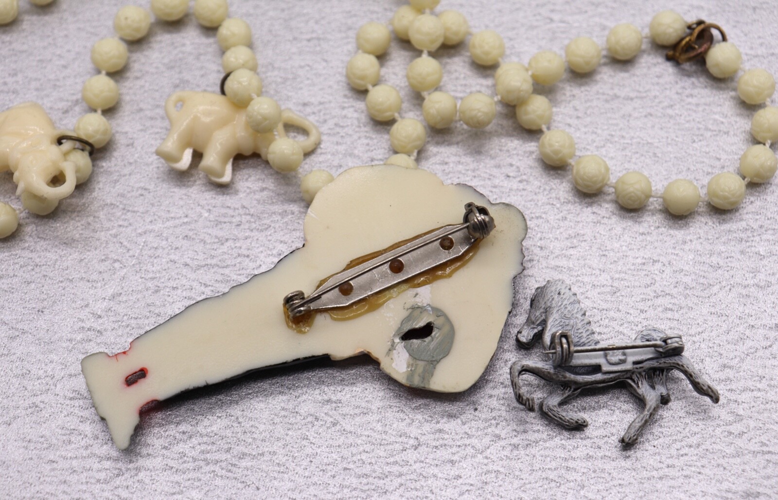 Lot 3 Vintage Figural Jewelry Elephant Necklace, Small Head Person & Horse Pin