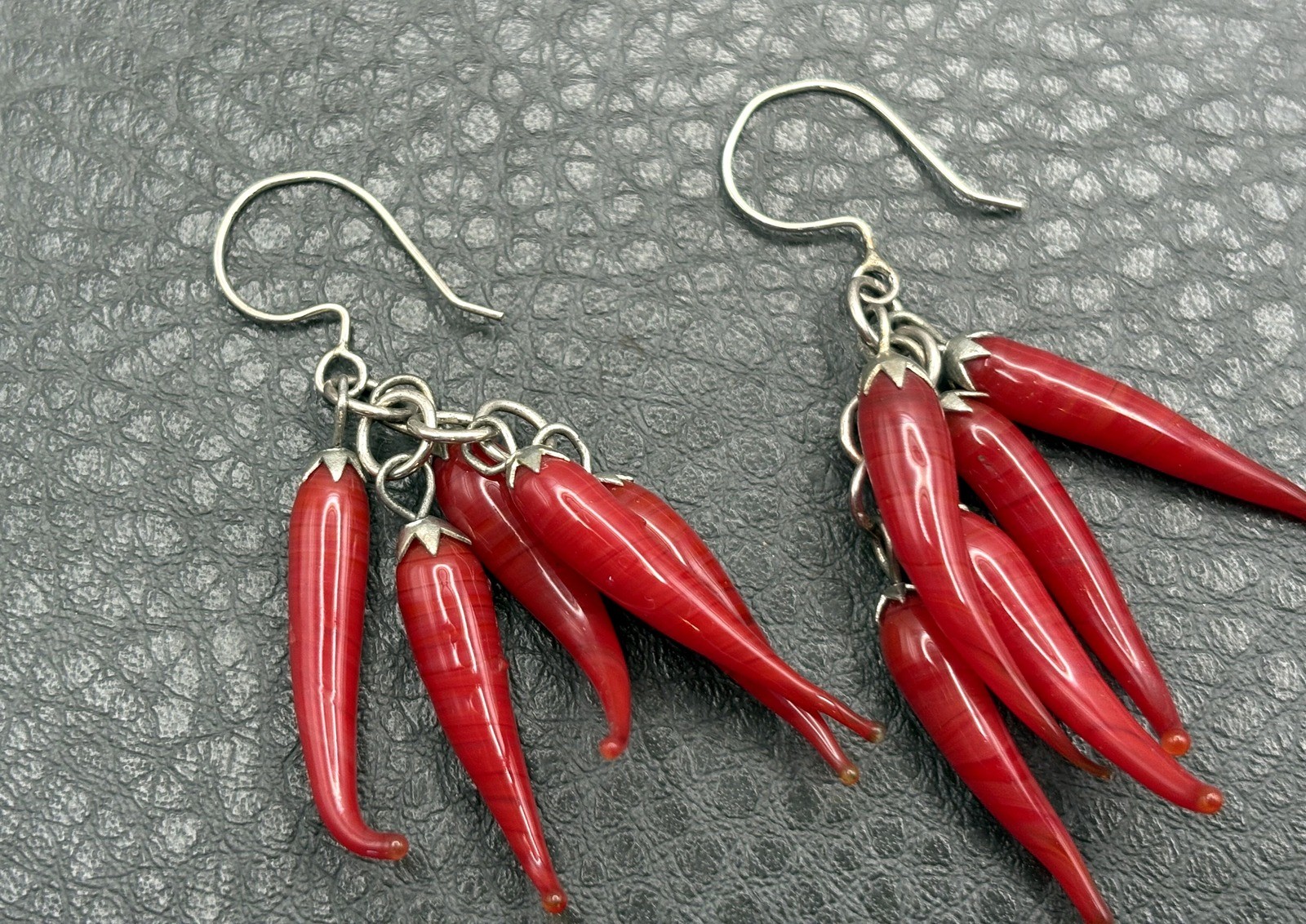 Vintage Red Chili Pepper Blown Glass Dangle Drop Earrings Silver Tone