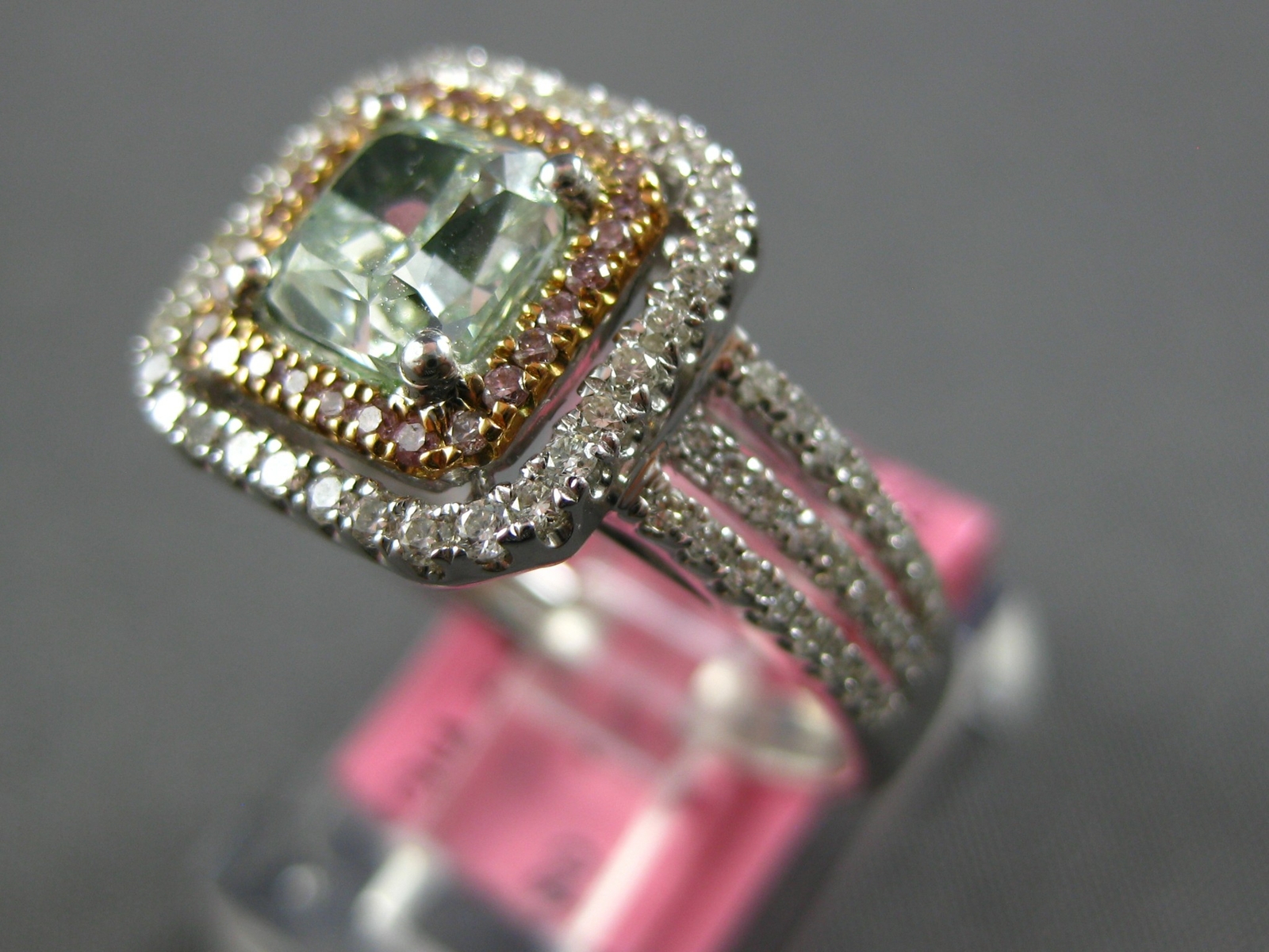 LARGE GIA 1.57CT WHITE PINK & GREEN DIAMOND 18K WHITE & ROSE GOLD 3D SQUARE RING