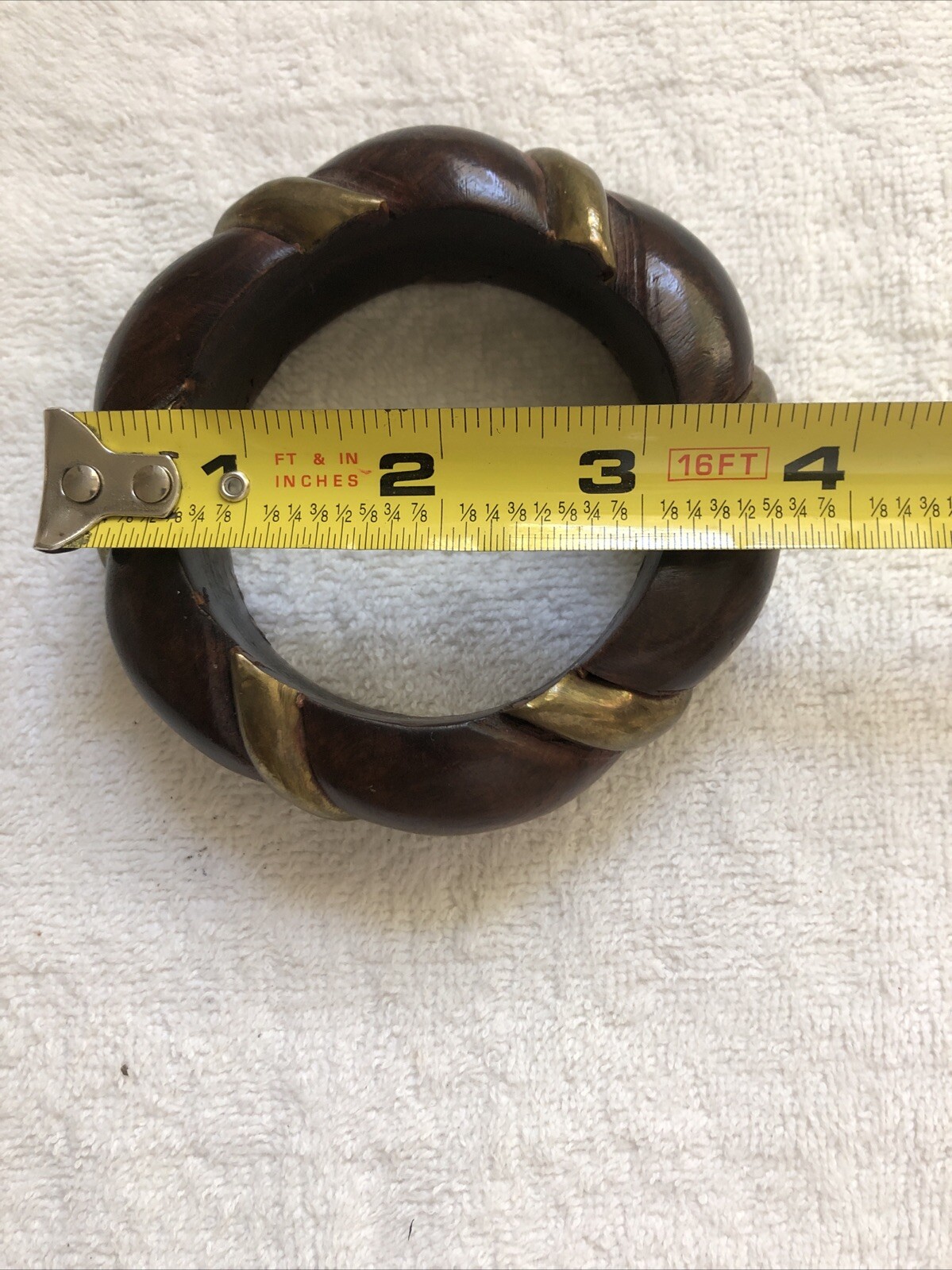 Vintage 1960’s Dark Brown Wooden Bangle with Gold Tone Metal Inlay Bracelet