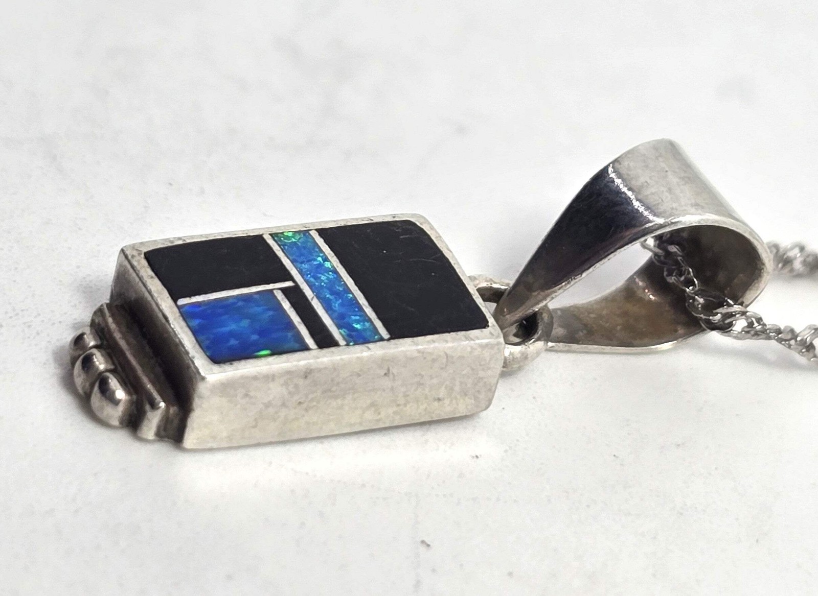 Native Sterling Silver blue fire opal Onyx Inlay Pendant necklace signed H