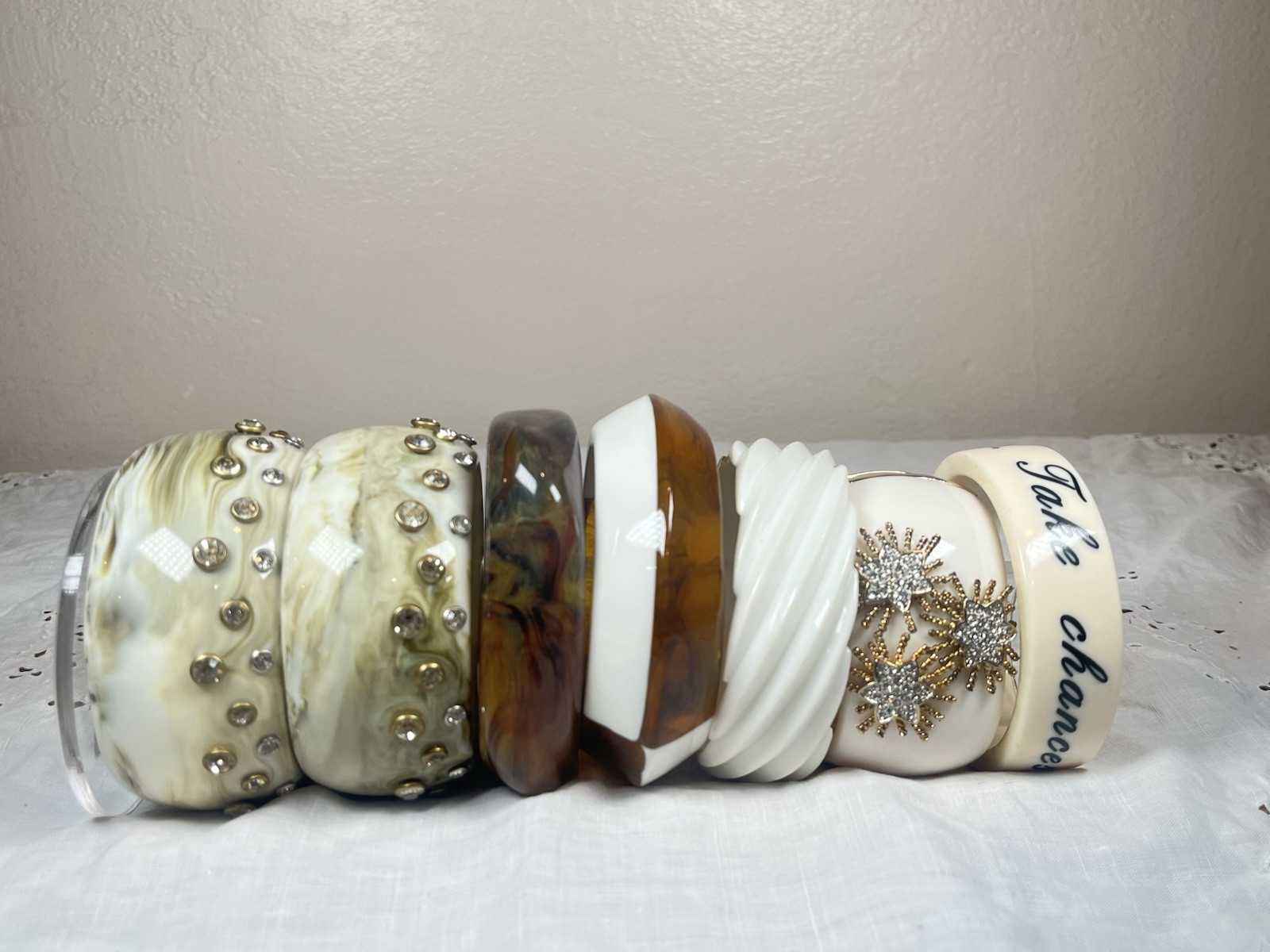 Lot of 7 Chunky Lucite Bangle Bracelets, Clamper, Rhinestones, Earthtones
