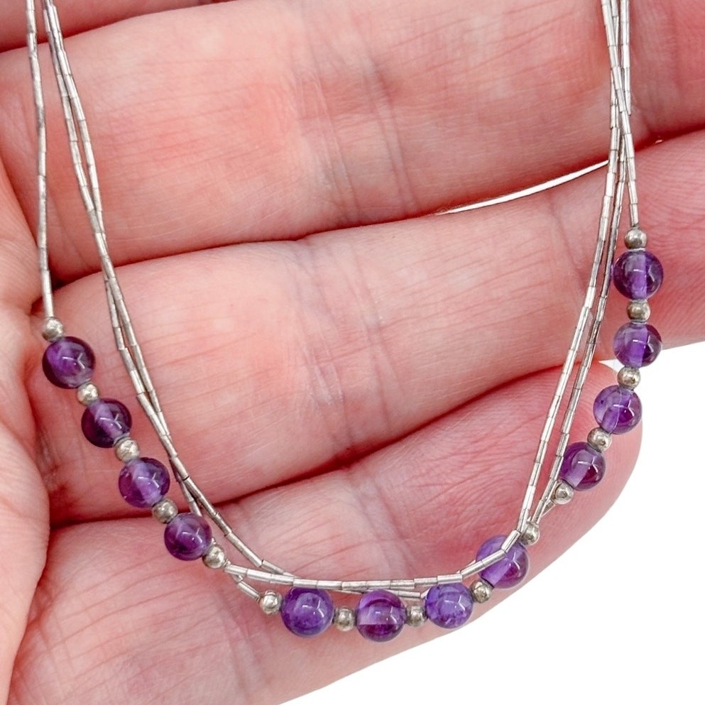Vintage Sterling Silver 925 Liquid Silver Amethyst Bead Necklace 18″