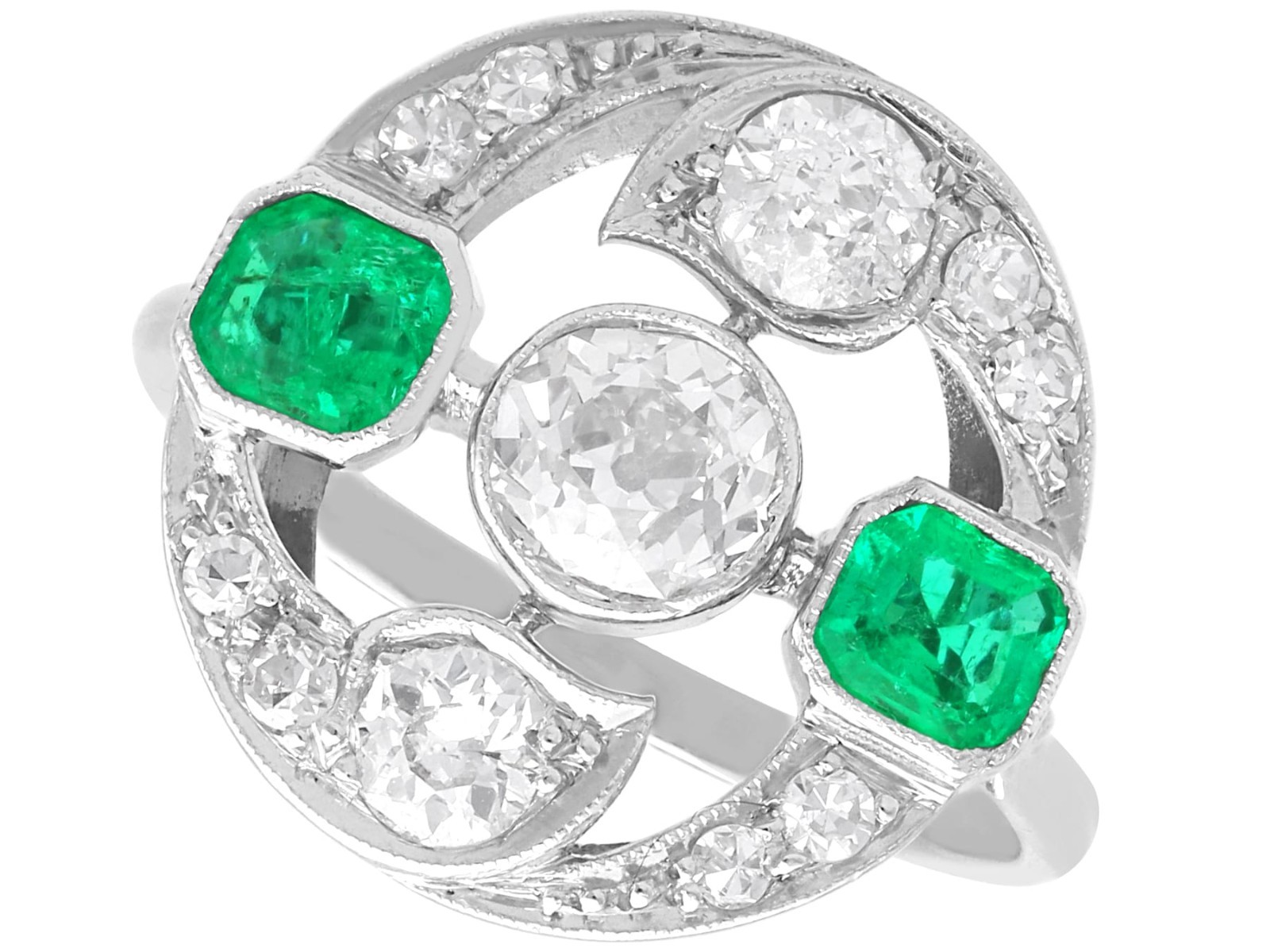 Antique 0.61Ct Emerald and 1.45Ct Diamond 18k White Gold Ring Circa 1920