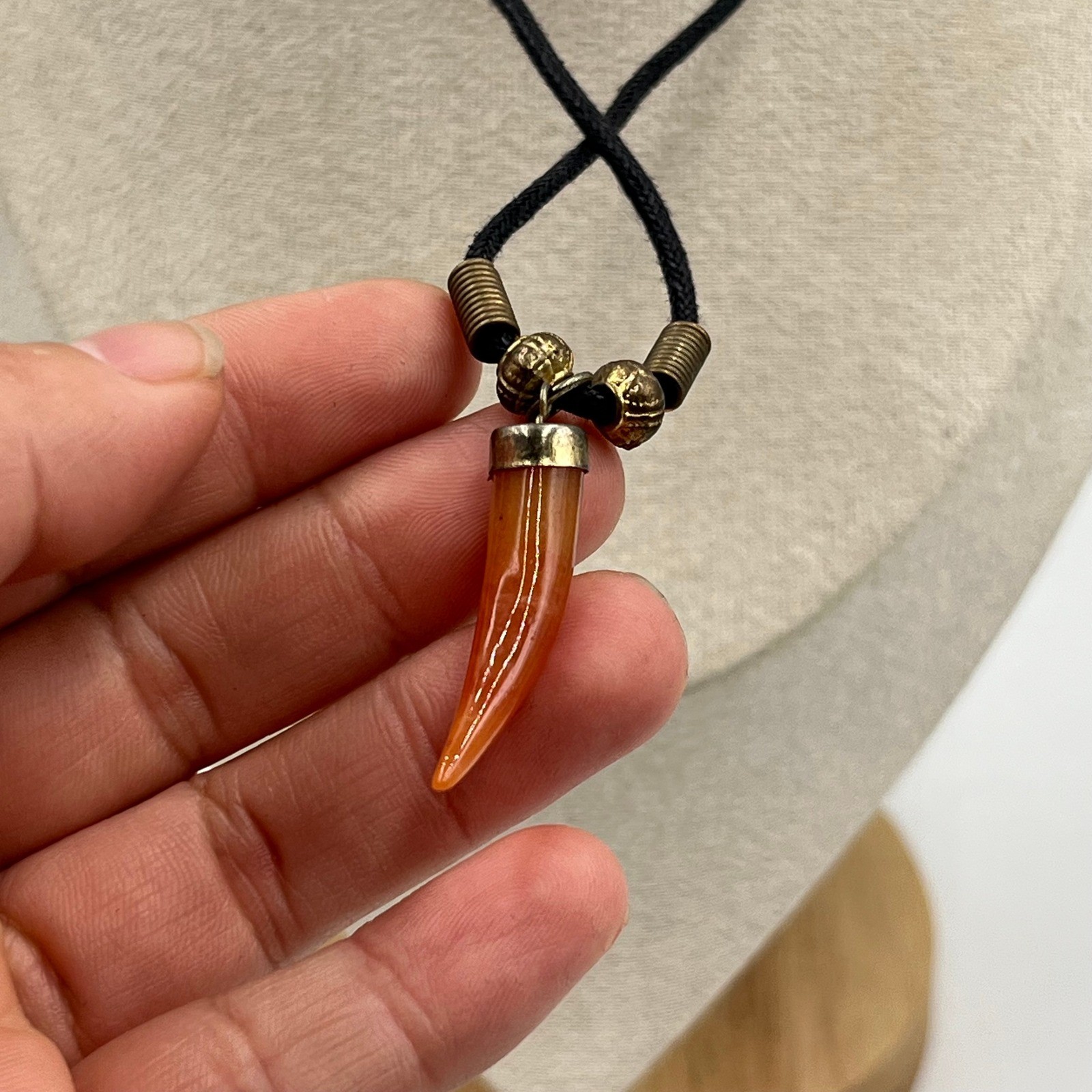Vintage Black Cord Necklace Faux Horn Orange Tusk Pendant Tribal Statement Charm