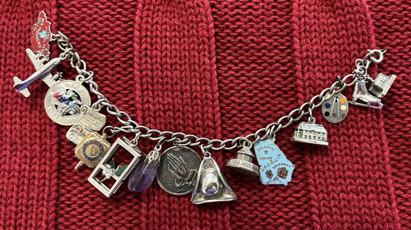 Vtg Sterling Silver Charm Bracelet w 15 Travel Buildings State Diploma UTC 47g