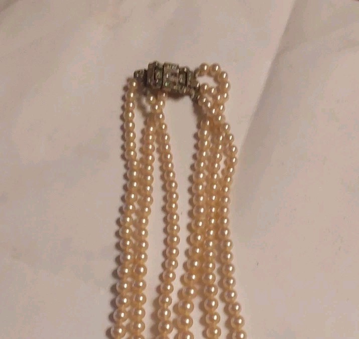 Vtg Glass Ladies Pearl 15″ Hand Knotted 3 Strand Graduated Necklace 925 Clasp