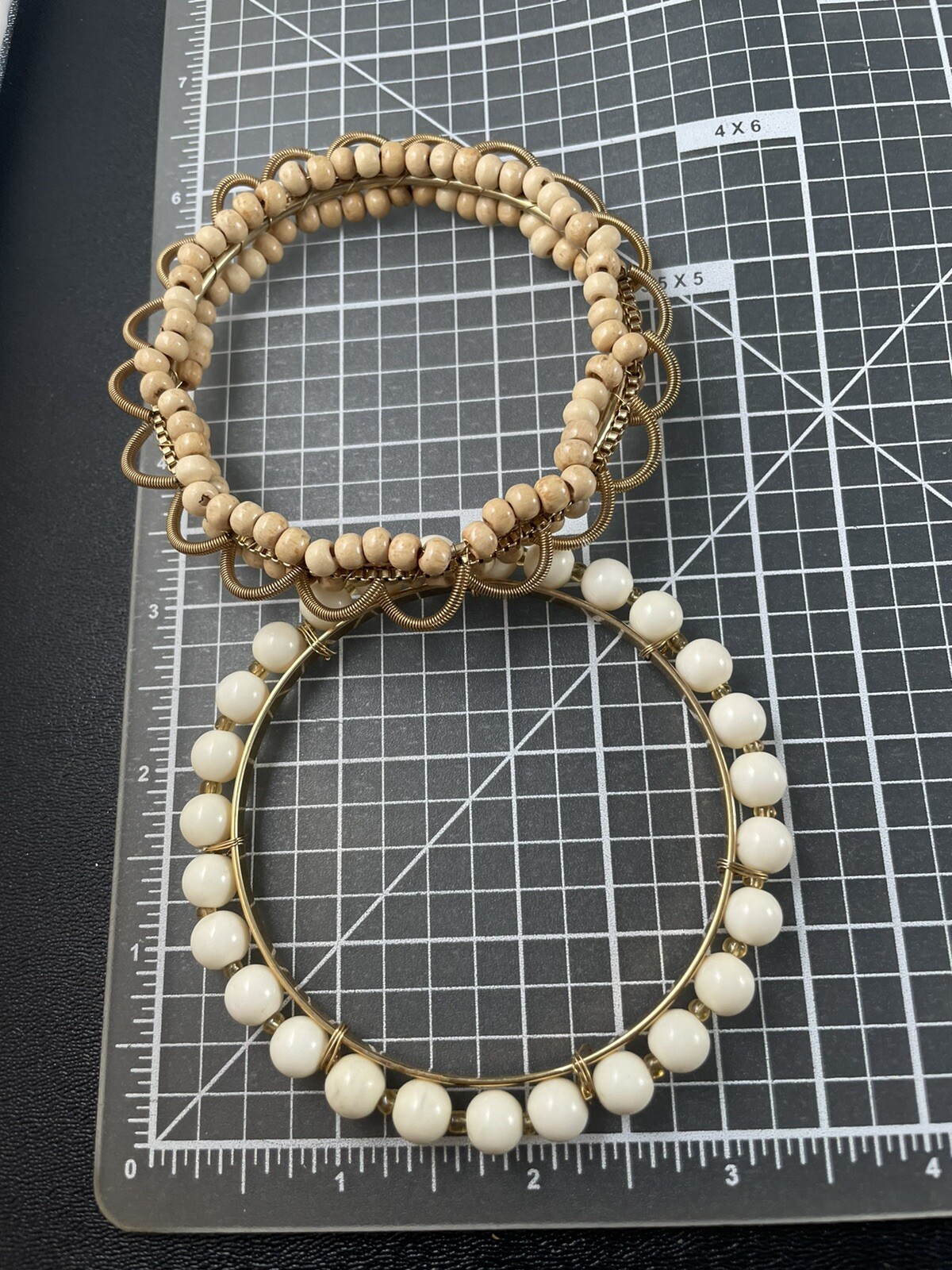 Vintage White & Brown Beaded Gold Tone Bangle Bracelets 2pc