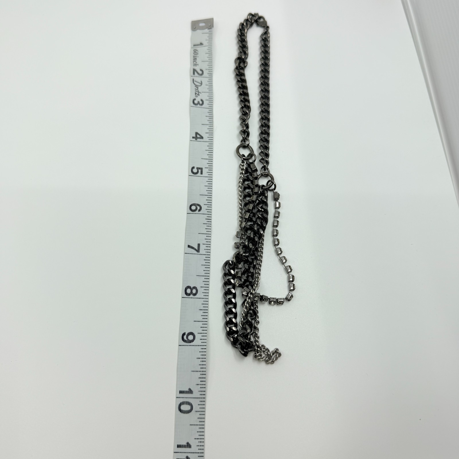 Vintage Gunmetal Tone Layered Necklace Multi Strand Chunky Curb Chain Rhinestone