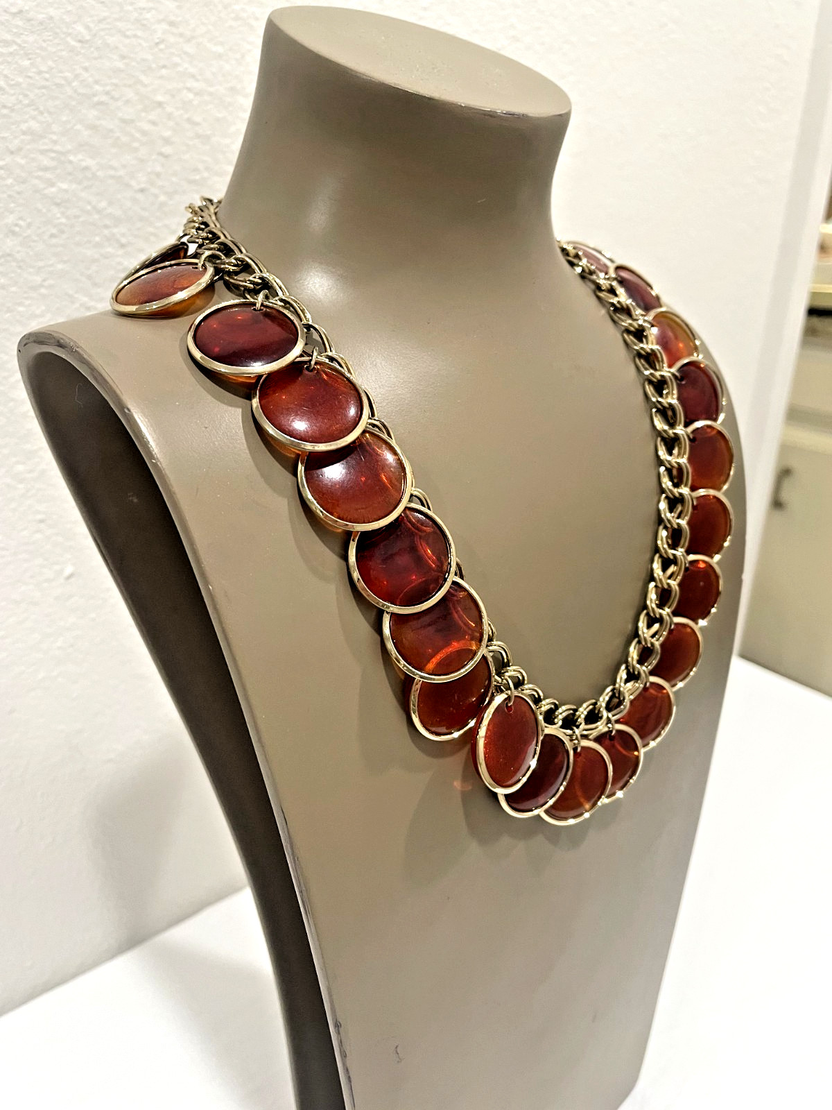 Vintage Statement Gold Tone & Lucite Coin Necklace 1950s 18″ Adjustable Unsigned