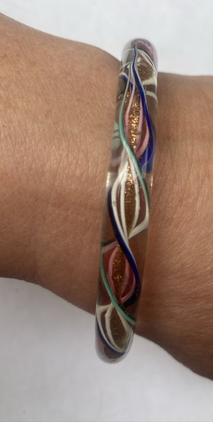 Vintage Murano Art Glass Rainbow Swirl Ribbon Bangle Bracelet Pair Small and Med