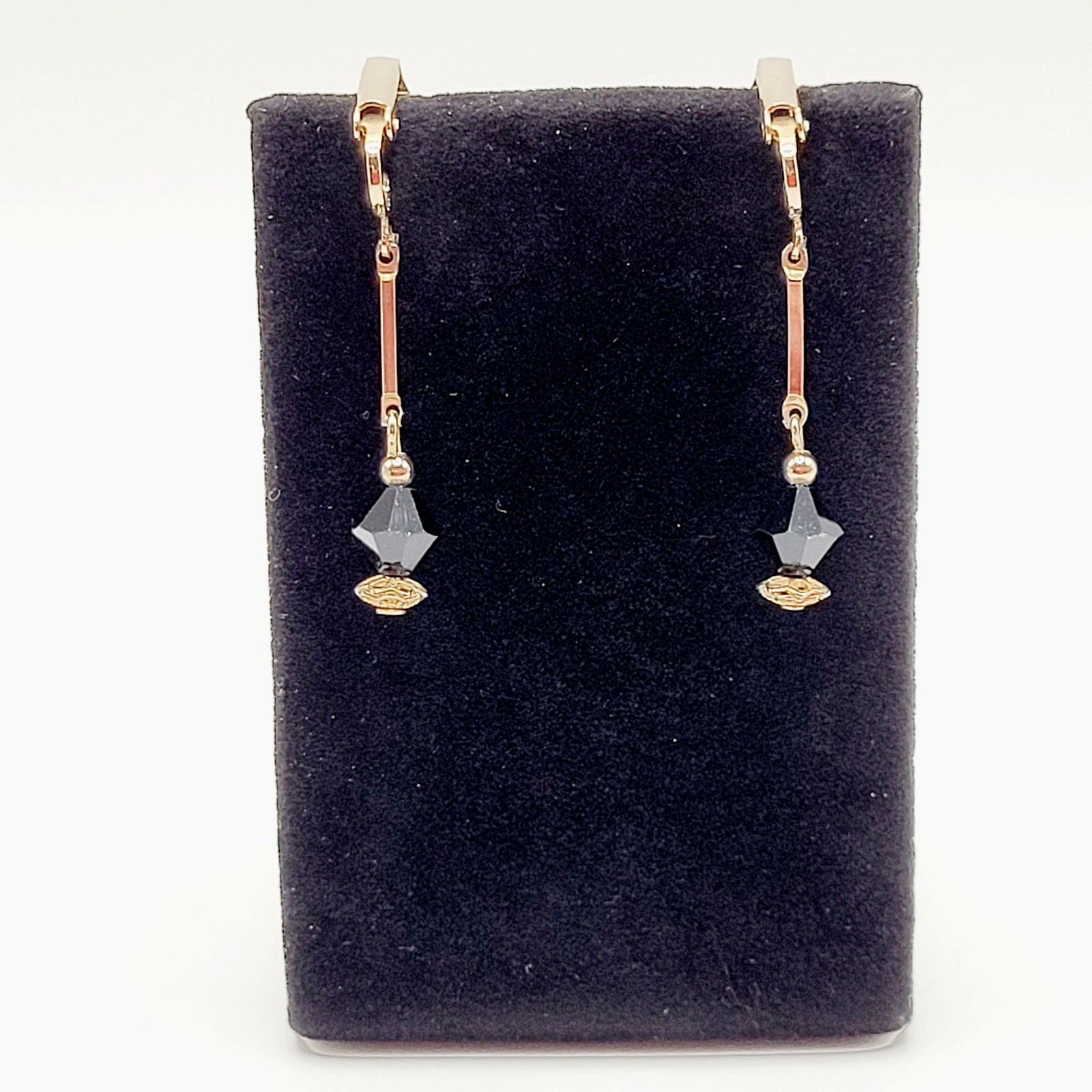Minimalist Art Deco Drops Black Bicone Crystal Gold Tone Vtg Clip On Earrings