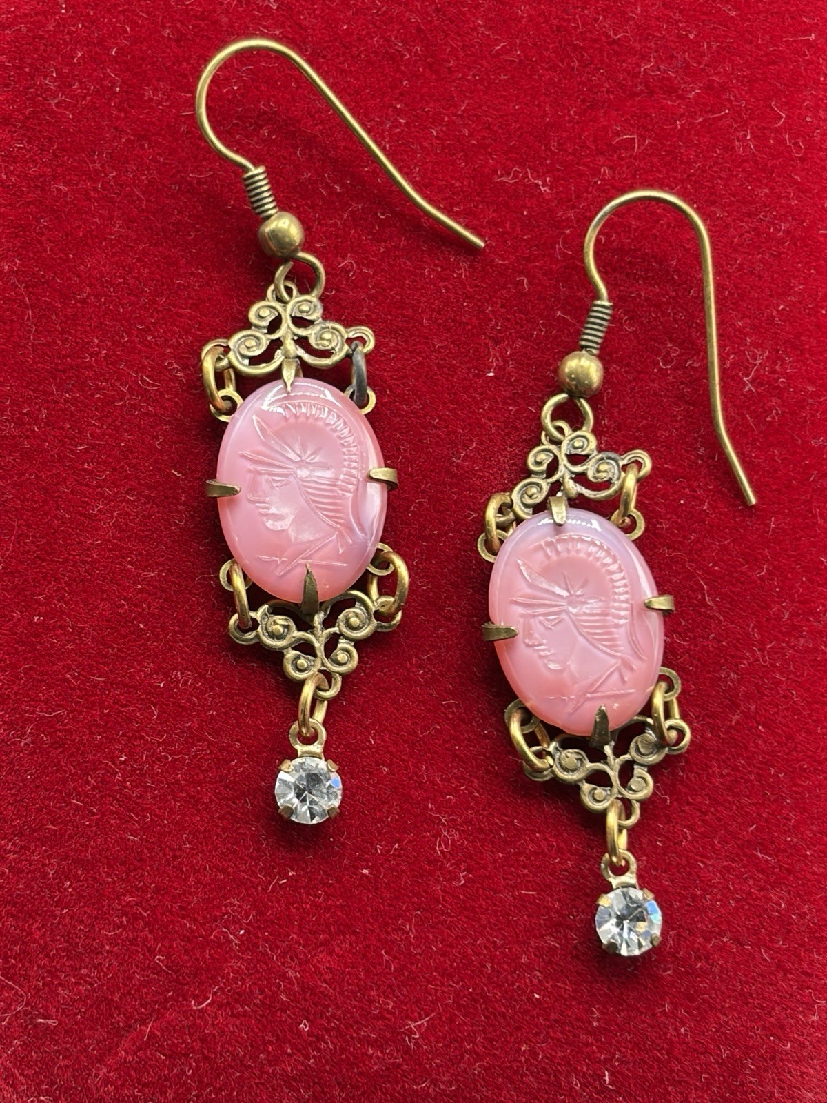 Glass Works Studio Earrings Pink Cameo Knight Dangles Openwork Gold Tone 2”