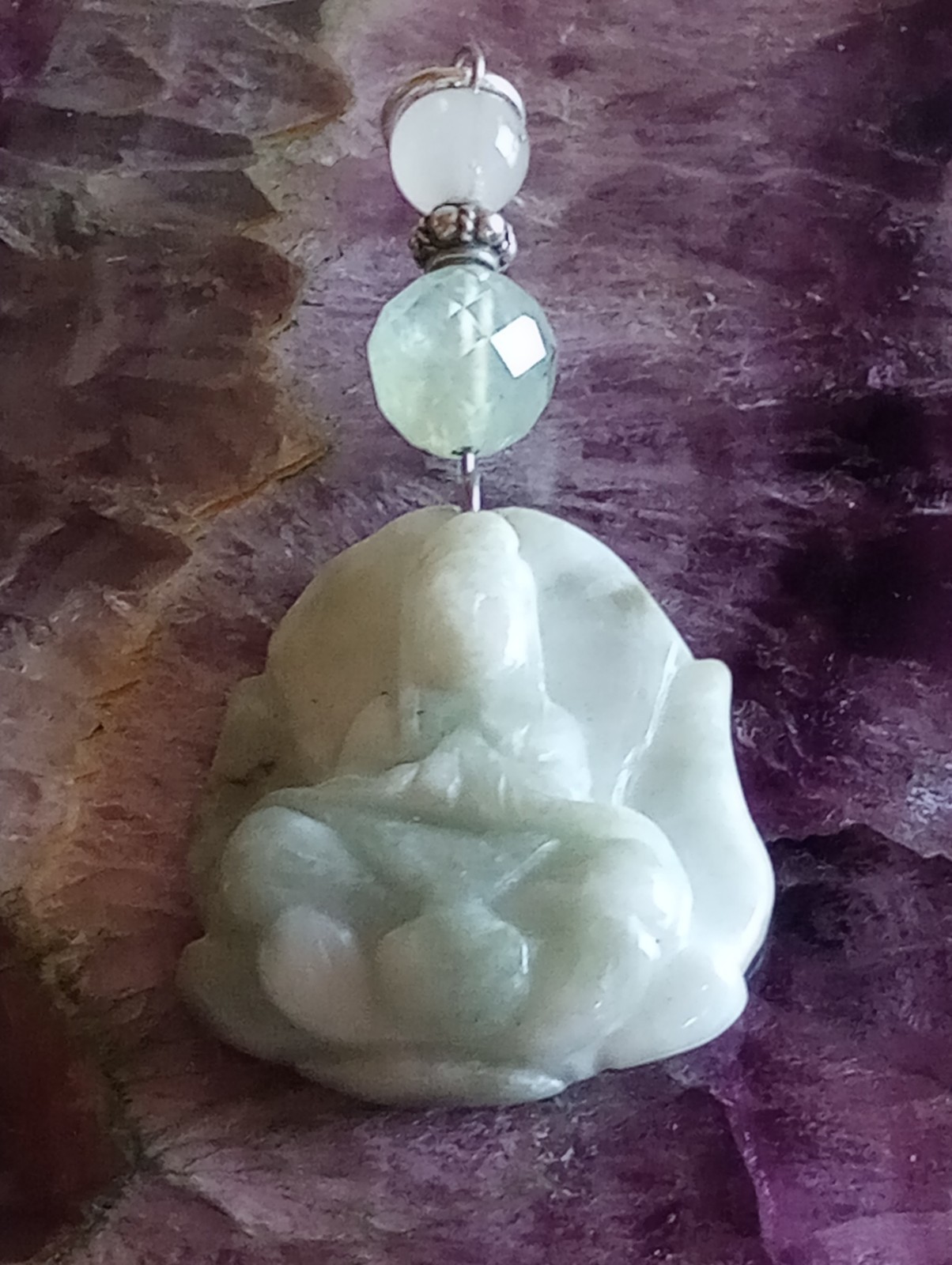 ESTATE HAND CUT JADE QUAN YIN ON A LOTUS W/ HEALING WATER PENDANT JEM STONES
