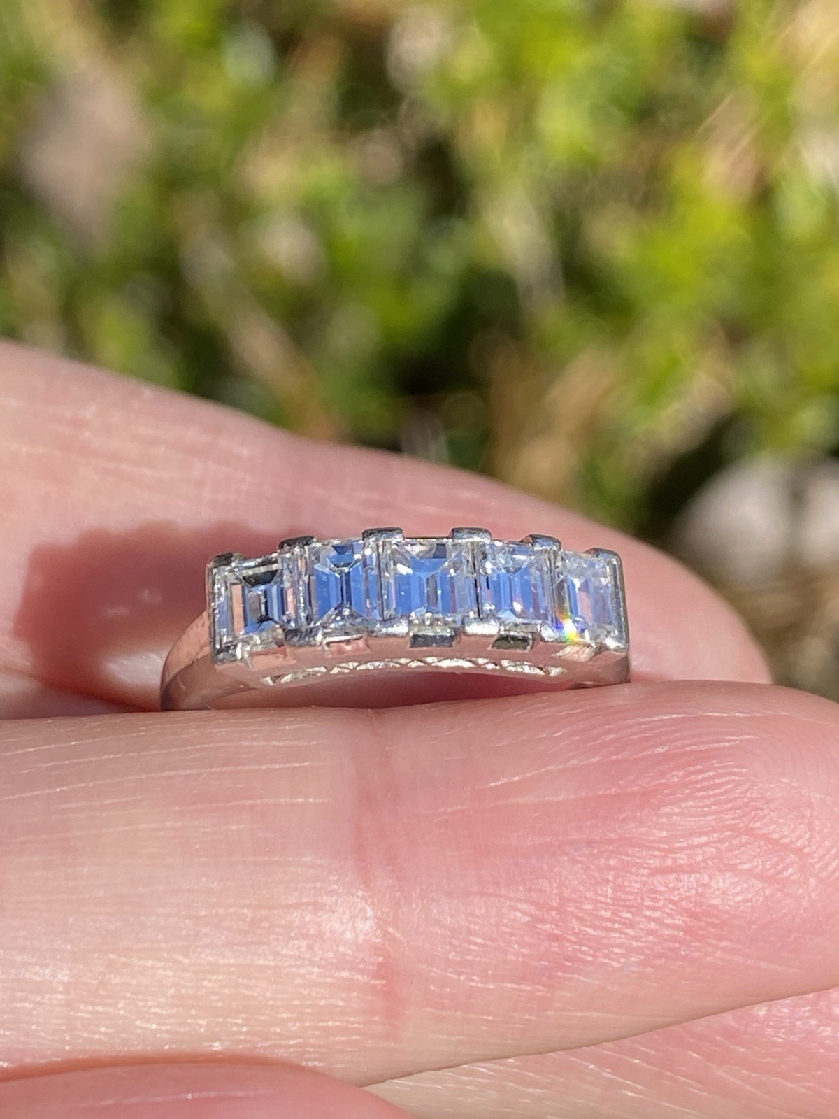 Estate Platinum 0.93TCW VS/F Quality Natural Emerald Diamonds Five Stone Ring