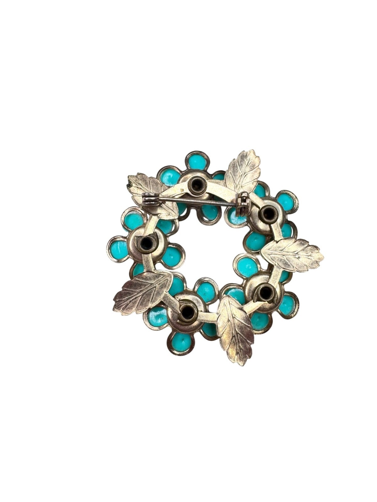 Unsigned Brooch Teal Acrylic Flower Wreath Crystal Gold Tone Floral 1960s Vintag