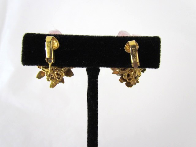 Vintage Sandor Earrings Rose Quartz Floral Cluster Enamel AB Rhinestones RARE