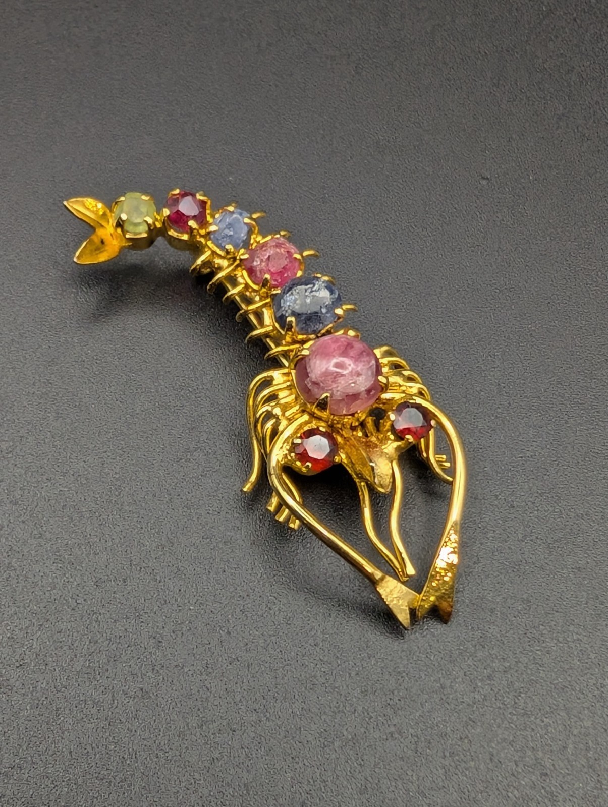 10K Gold & Gemstone Shrimp Brooch. Garnet, Ruby, Sapphire, Peridot(raw&Polished)