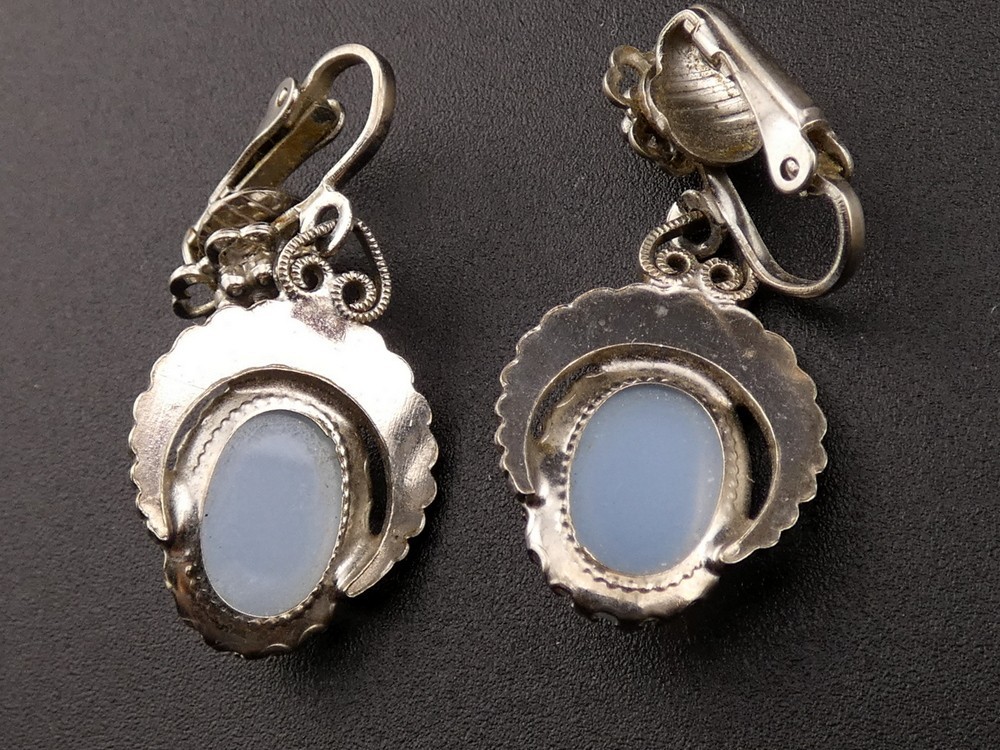 Vintage Glass Faux Moonstone Cabochon Brooch Pin and Clip On Earrings Set