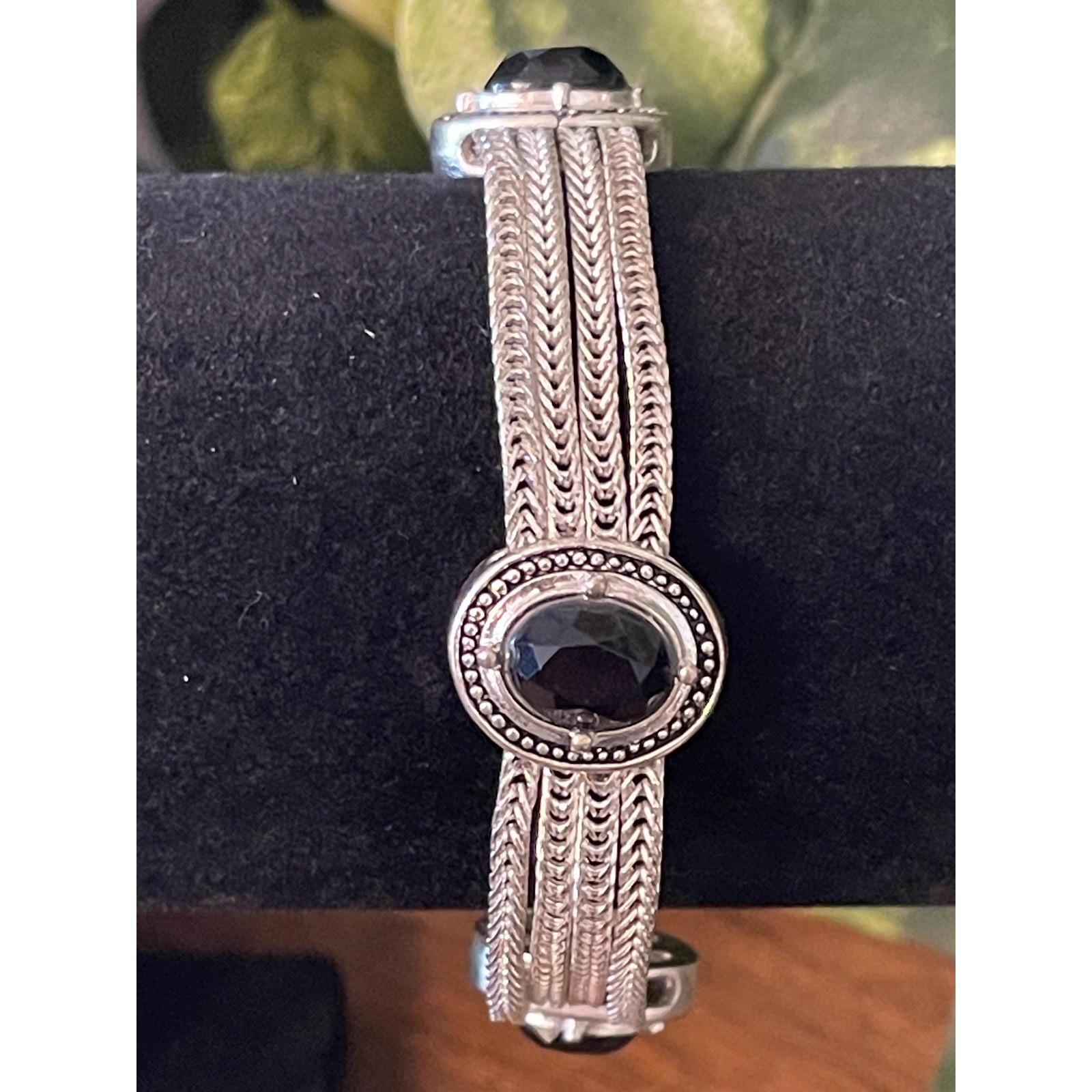 Vintage Silver Tone Bracelet with Black Stones