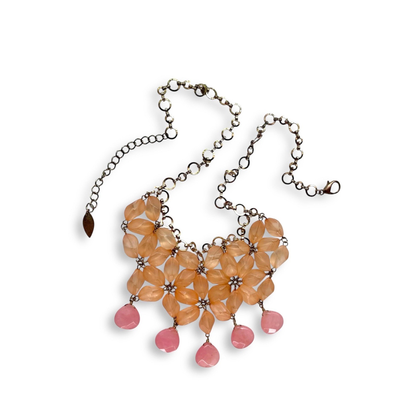 Vintage Bib Necklace Dangle Earring Set Peach Pink Gold Tone Coldwater Creek 21″