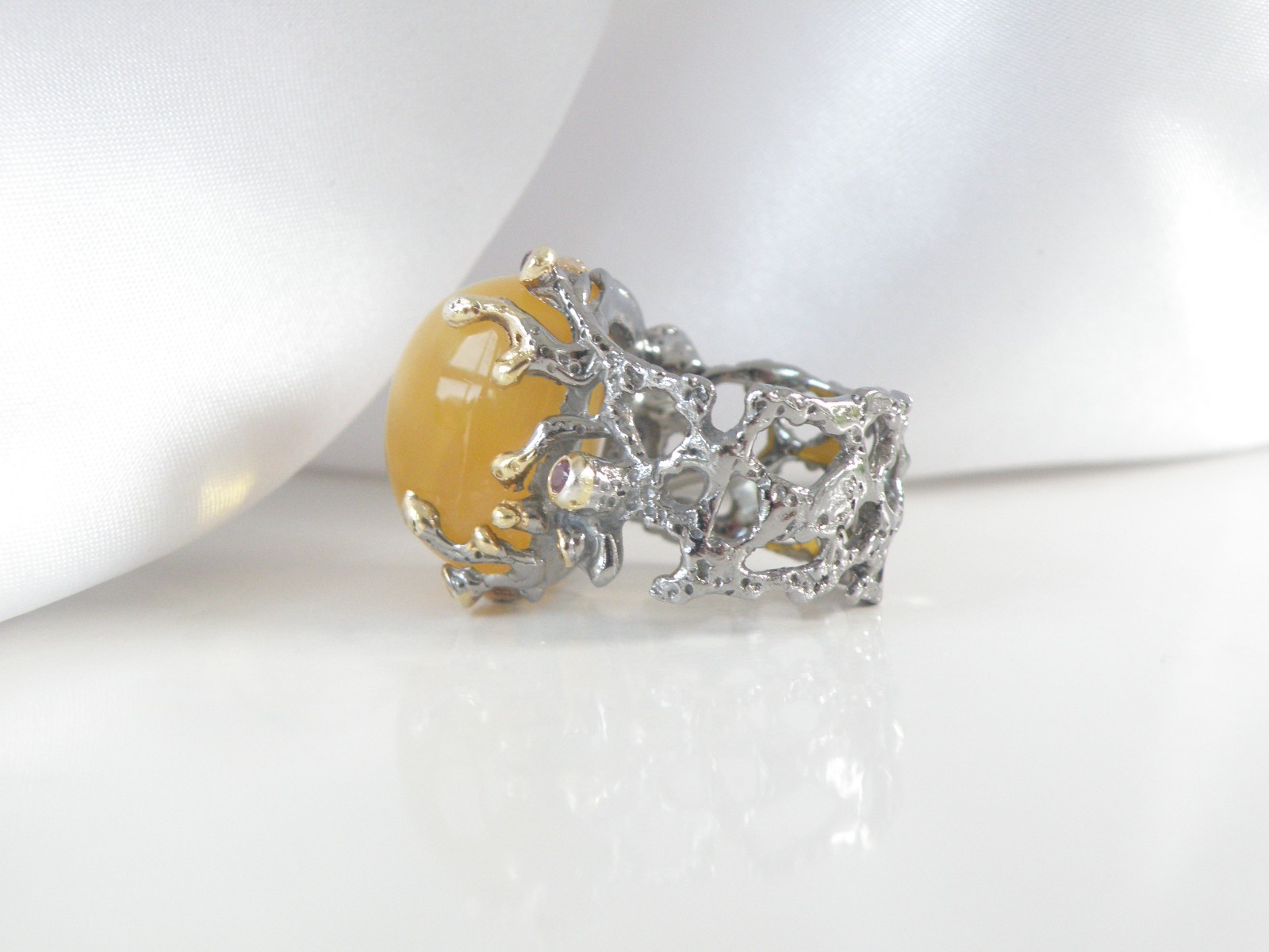 Brutalist Sterling Silver 925 Huge Butterscotch Amber Modern Statement Ring 7.5
