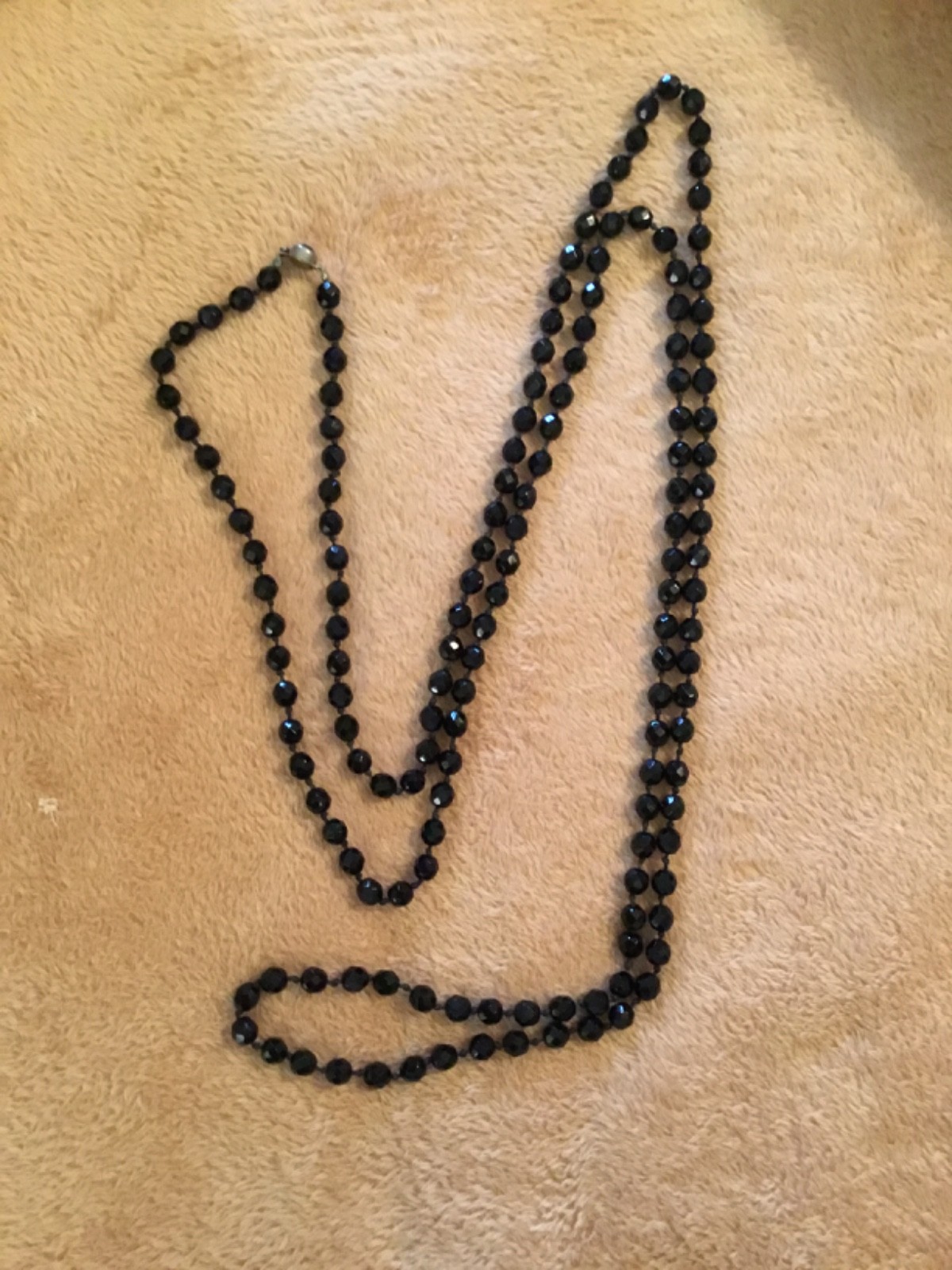 Vtg Black AUSTRIAN 68″ Knotted Cut Crystal Beads XL Necklace-Silver Tone Clasp