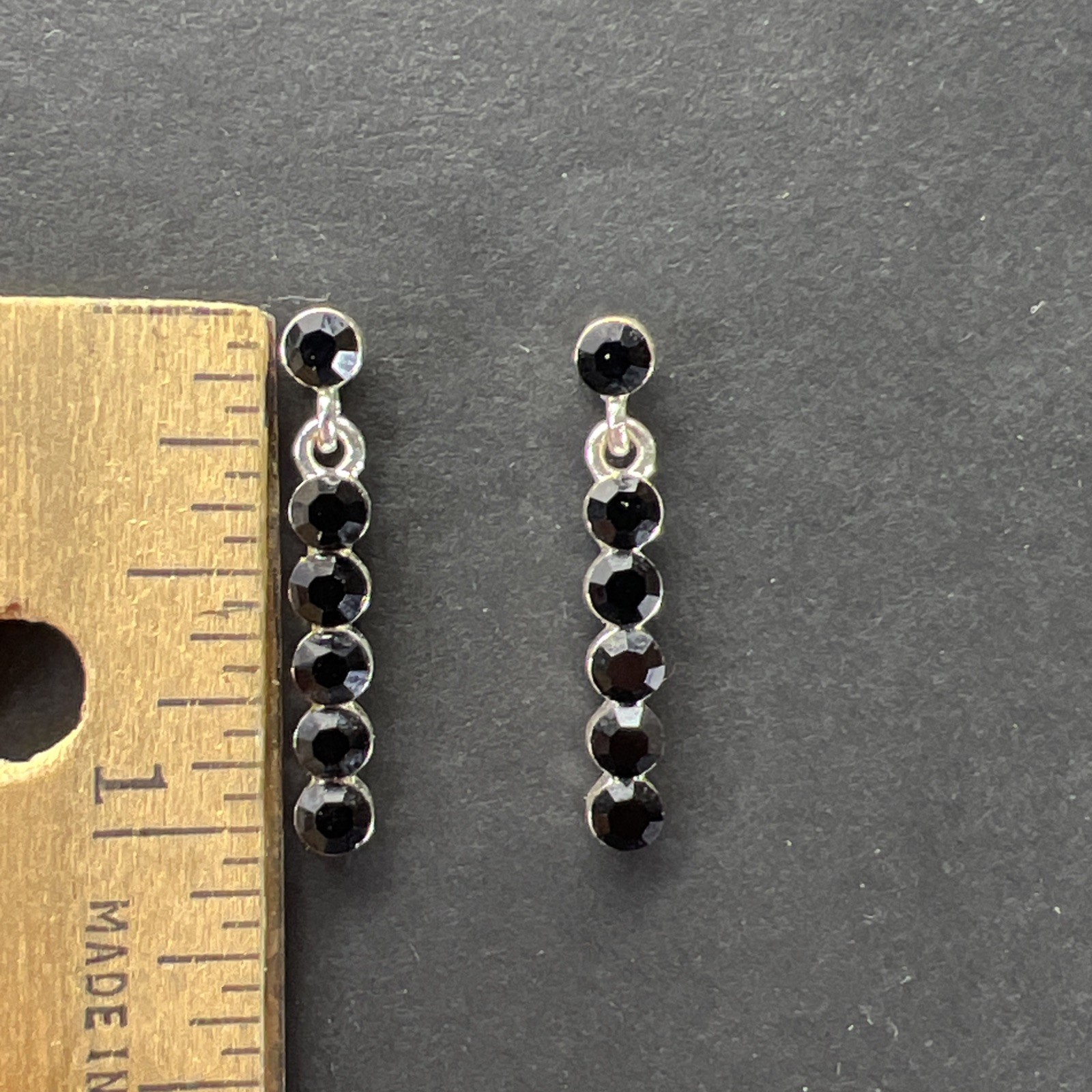 Black Rhinestone Dangle Drop Earrings Silver Tone with Backers