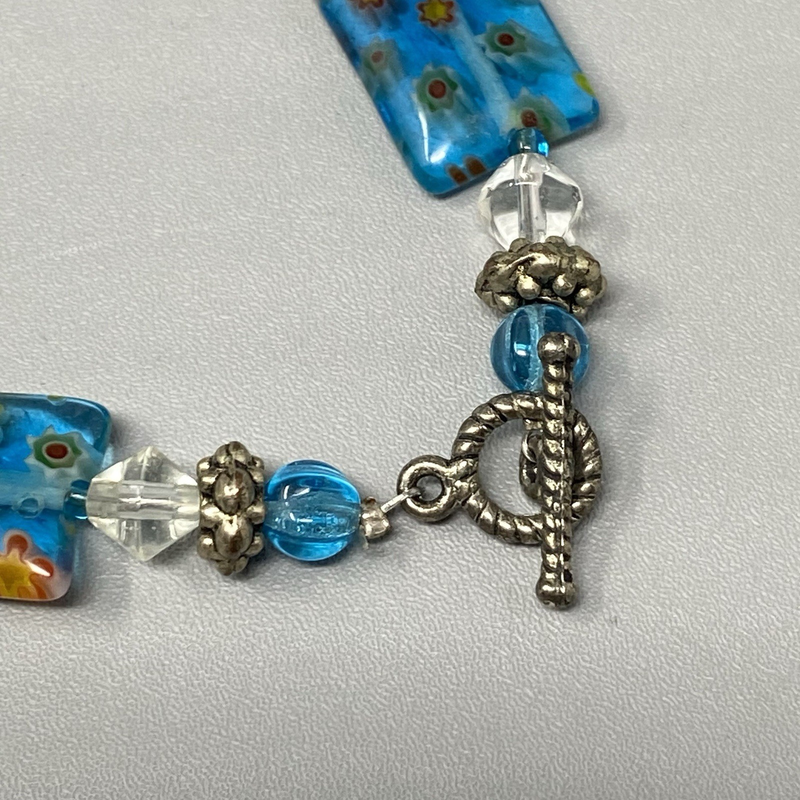 Millefiori Glass Bead Bracelet Blue Multicolor Flowers Clear Bicone Crystals 7.5