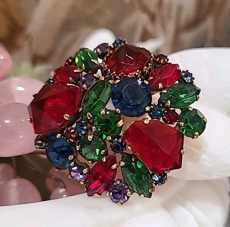 Vintage WEISS Green Red Multi Rhinestones Gold Tone Brooch Signed Estate Costume