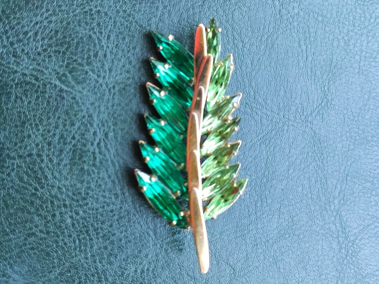 Vintage Soviet Brooch Green Glass Stones Leaf Branch USSR 1970s
