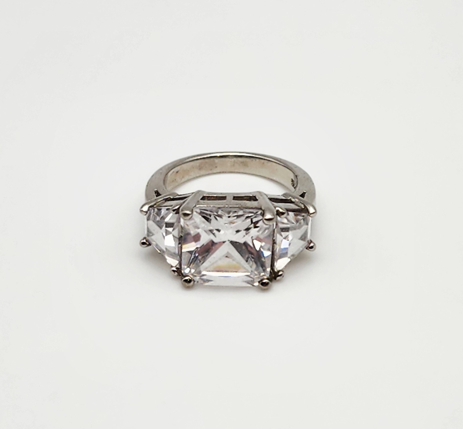Vintage Sterling Silver Princess &Trillion Cut CZ Statment Ring Size 5
