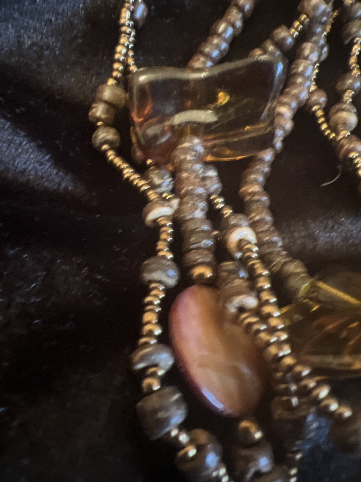 1946 Brand Brown Gold Color Lucite MOP And Wood Bead Multilayer Necklace Vtg