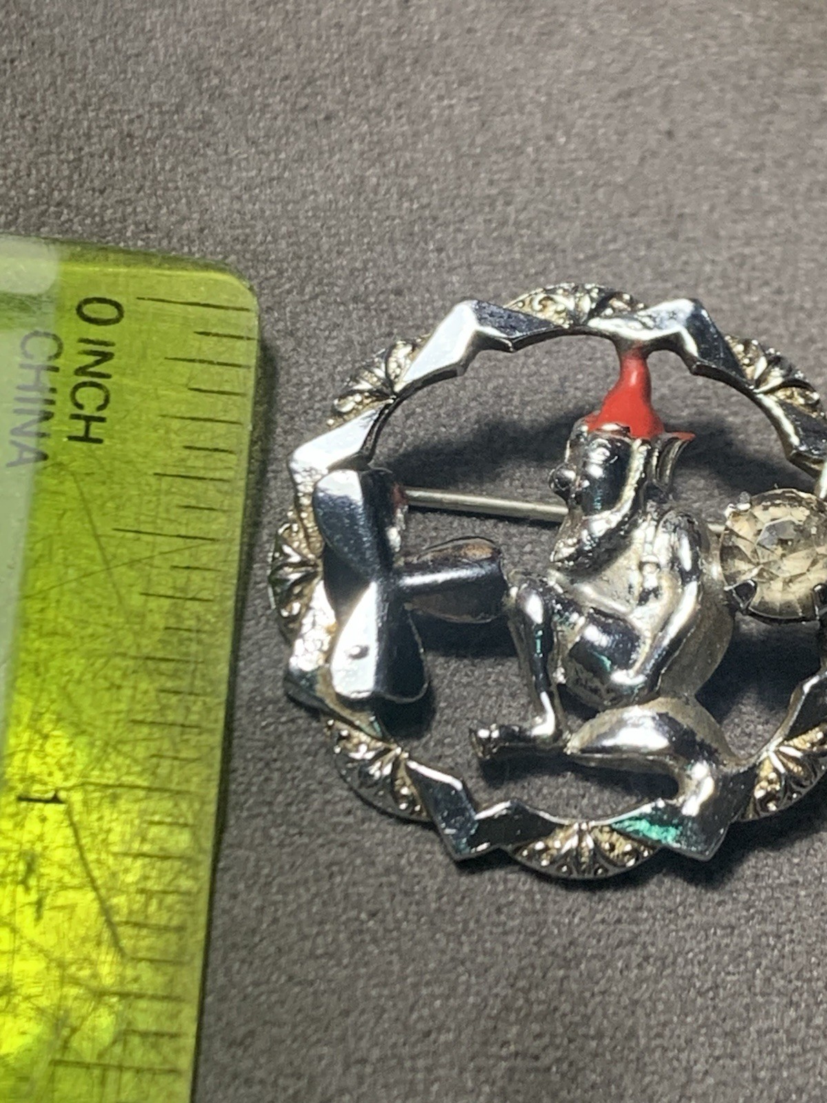 Vintage Irish Leprechaun Brooch Signed Mizpah w/ 3 Leaf Clover & Rhinestone
