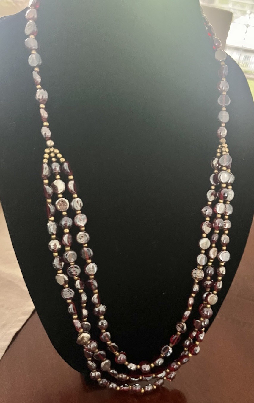 Vintage Red Garnet Iridescent Glass Gold Beaded Triple Layered 30” Bib Necklace